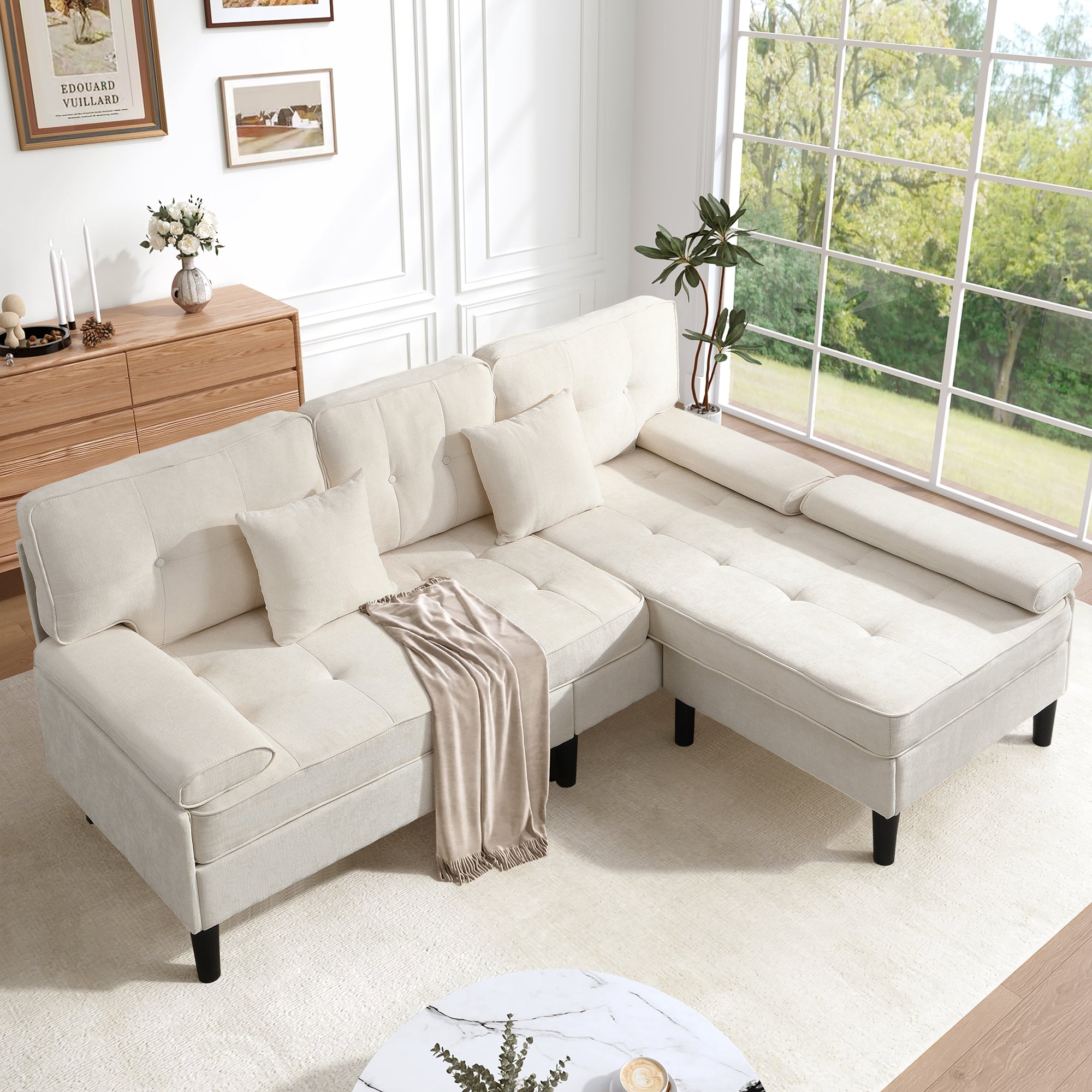 L-Shaped Corner Sofa 3-Seater Sleeper Sofa Bed w/ Chaise & Movable Footrest 195cm - Chenille