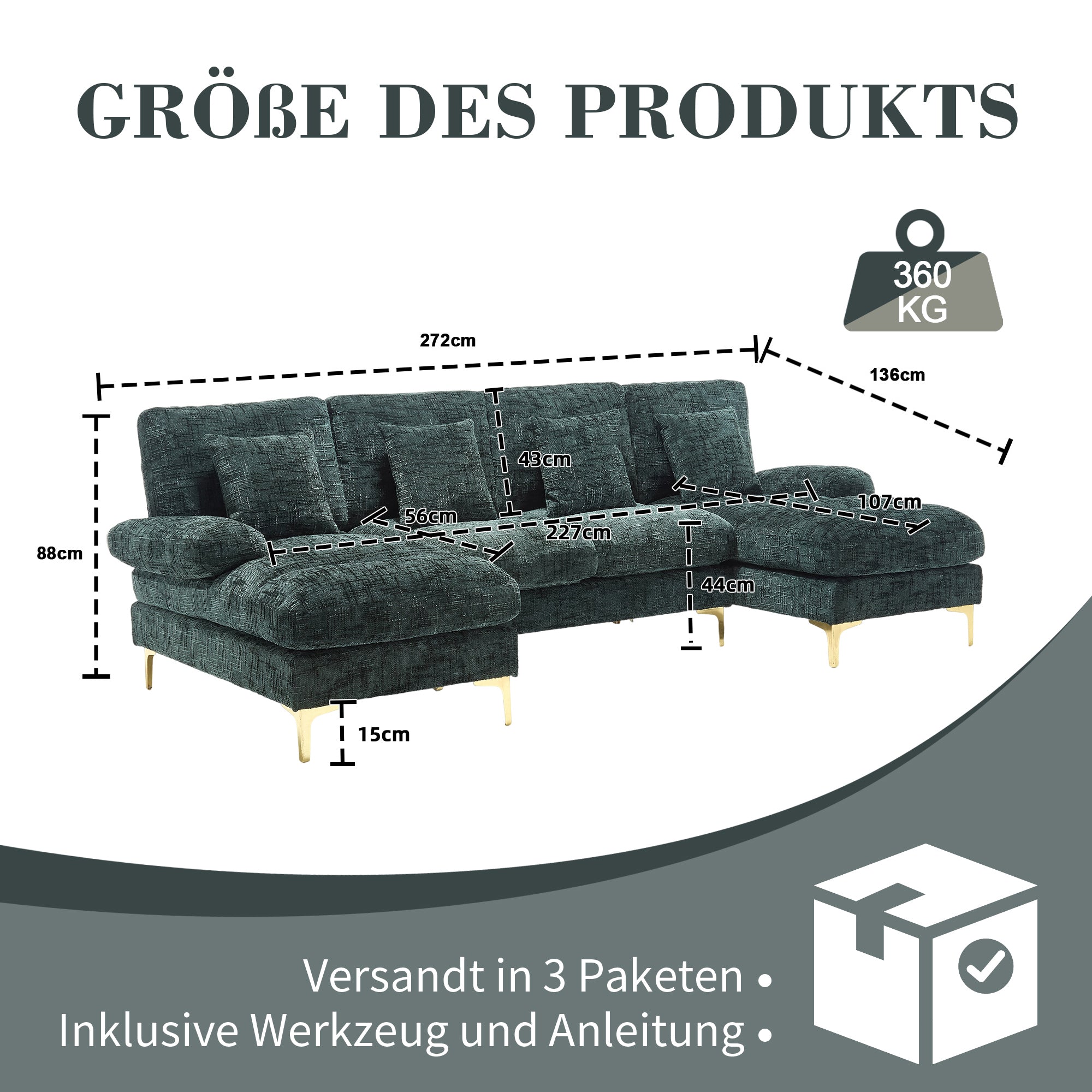 Chenille U-Shape Sectional Sofa, Large with Double Reclining Seats, Emerald