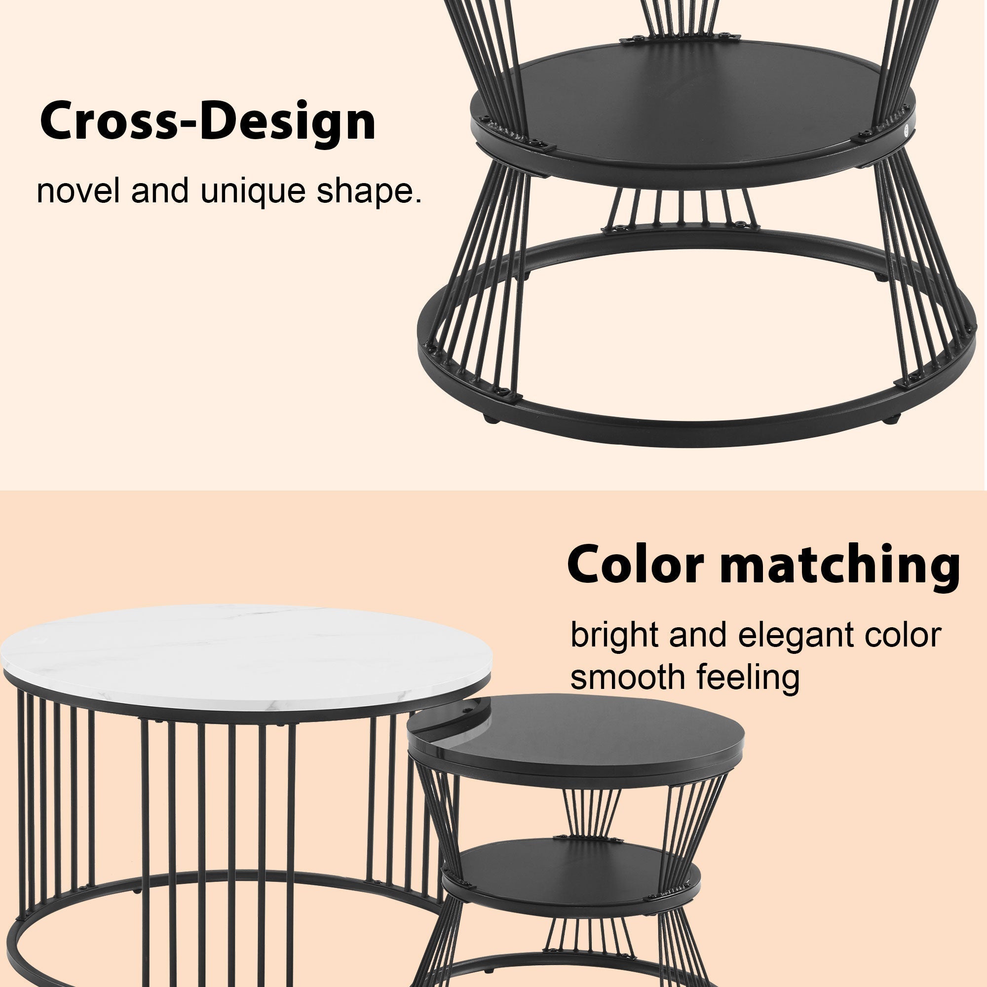 Modern Nesting Coffee Table Set, Round End Tables, Set of 2, Marble Veneer Black Frame