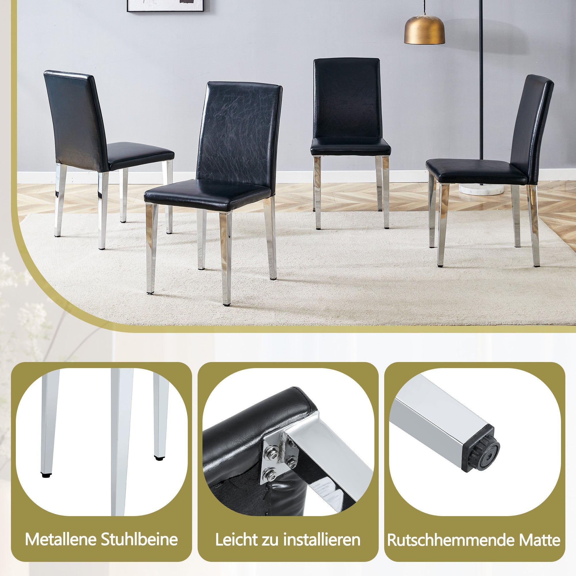 Minimalist Dining Chairs Set of 2, Ergonomic PU Leather and Metal, Black and Silver