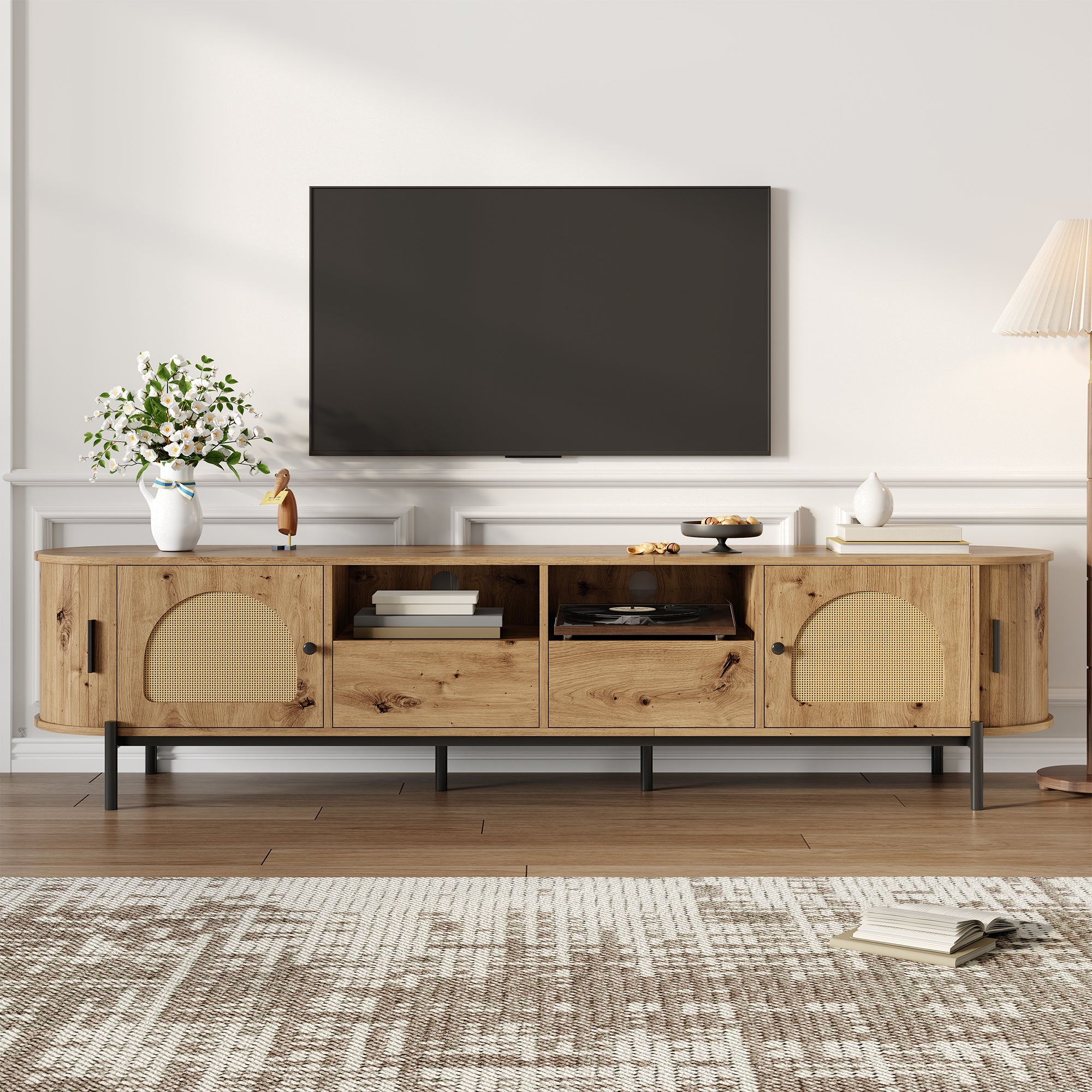 Oval TV Cabinet with Sliding Doors and Drawers, Wood Look and Rattan