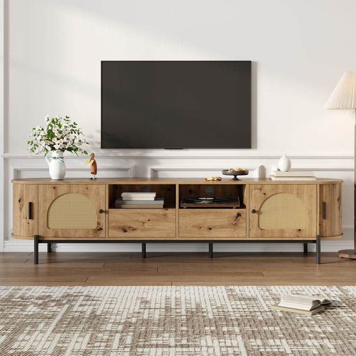 Oval TV Cabinet with Sliding Doors and Drawers, Wood Look and Rattan