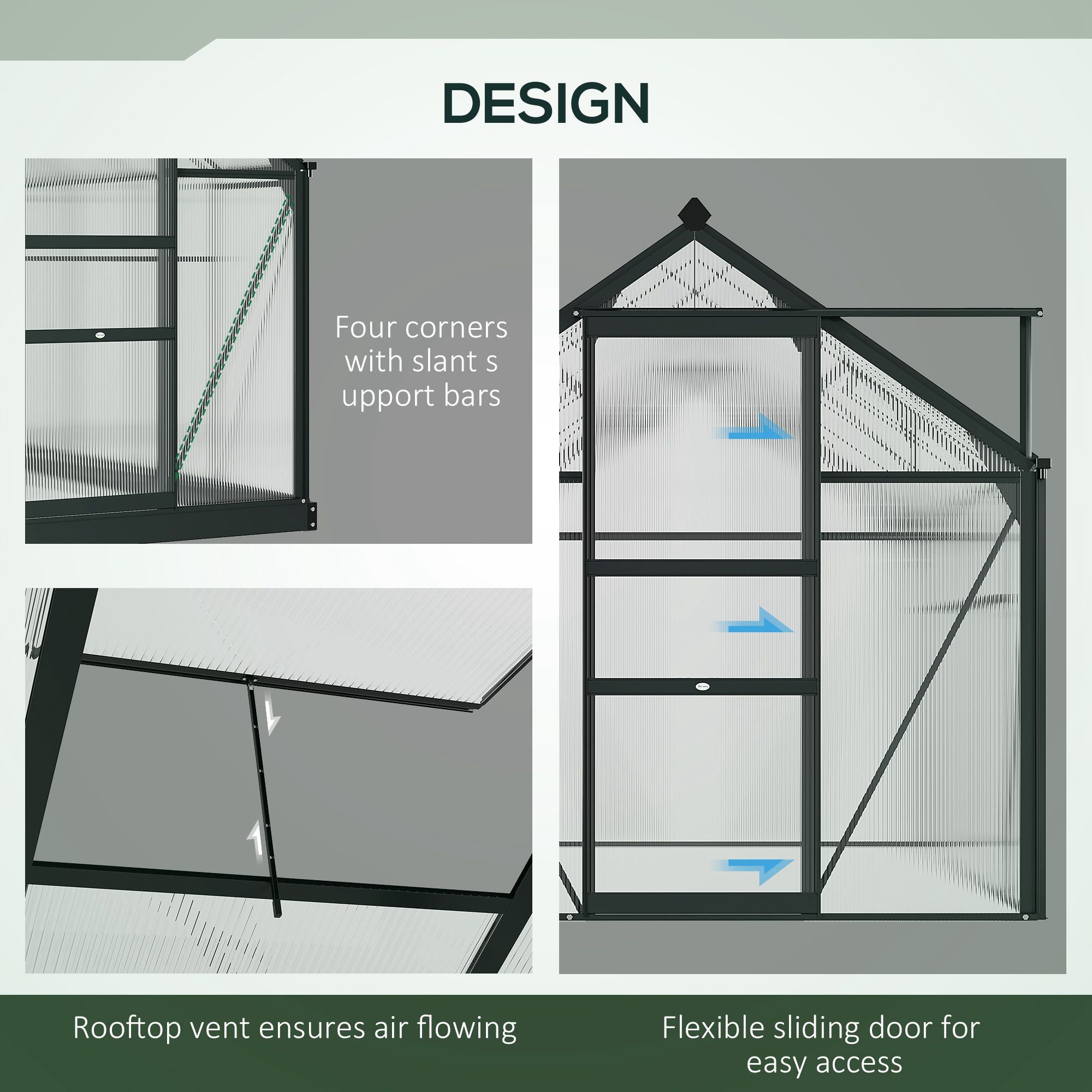 6 x 10ft Polycarbonate Greenhouse, Walk-In with Slide Door and Window, Aluminium Frame, Grey