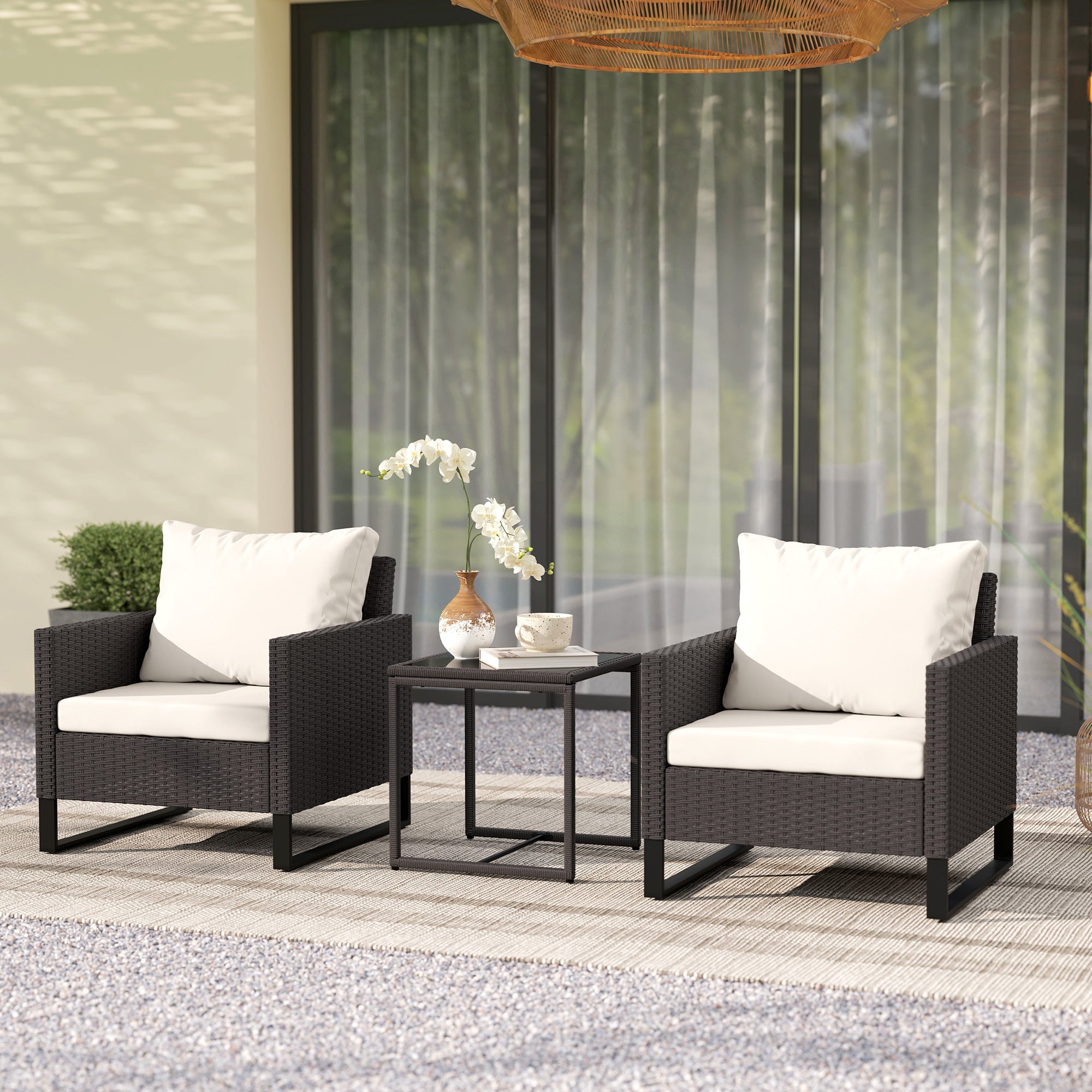 3 Pieces Rattan Bistro Set, 4 Cushions Glass Top, Brown