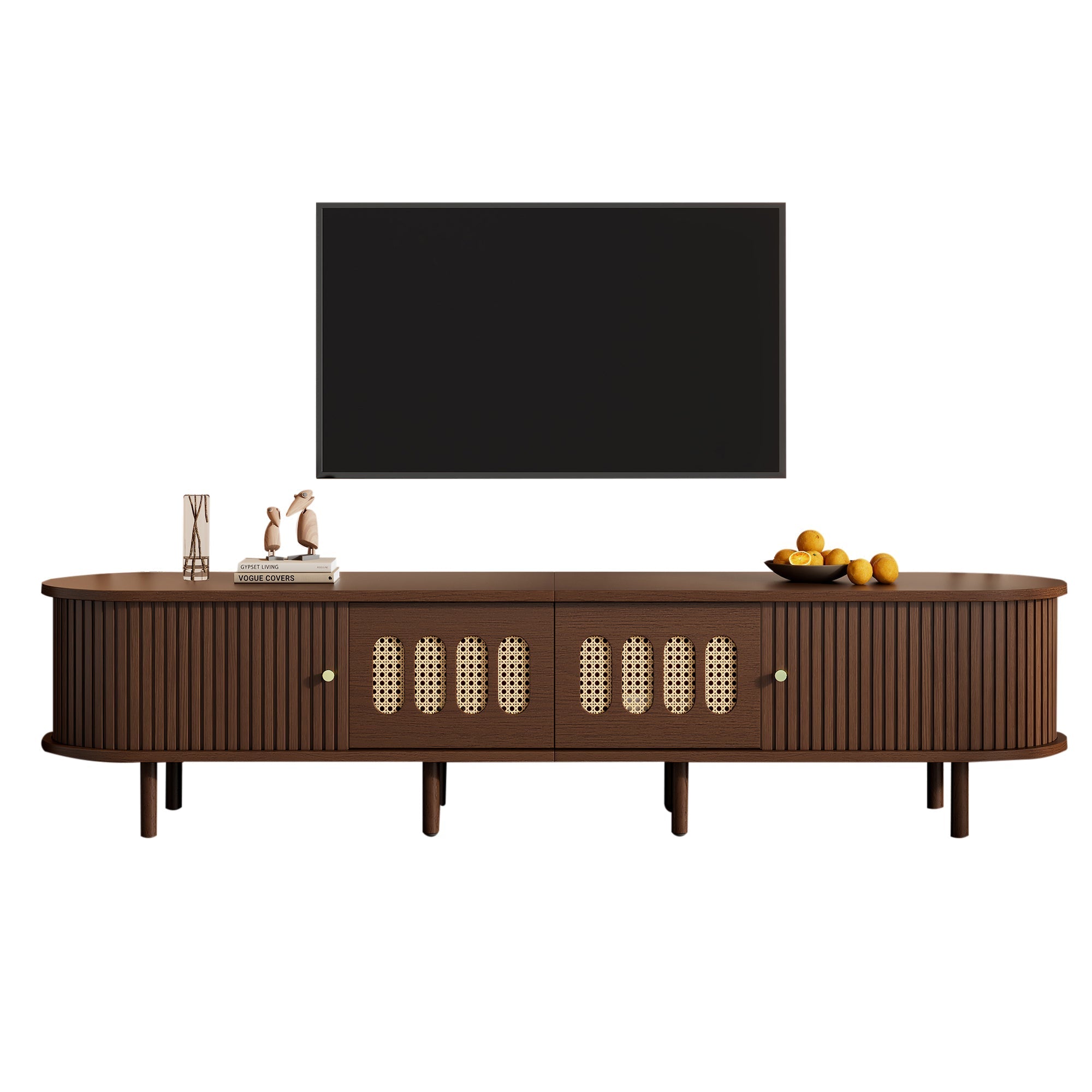 Oval TV Stand Rattan Design 180cm 2 Drawers - Dark Walnut