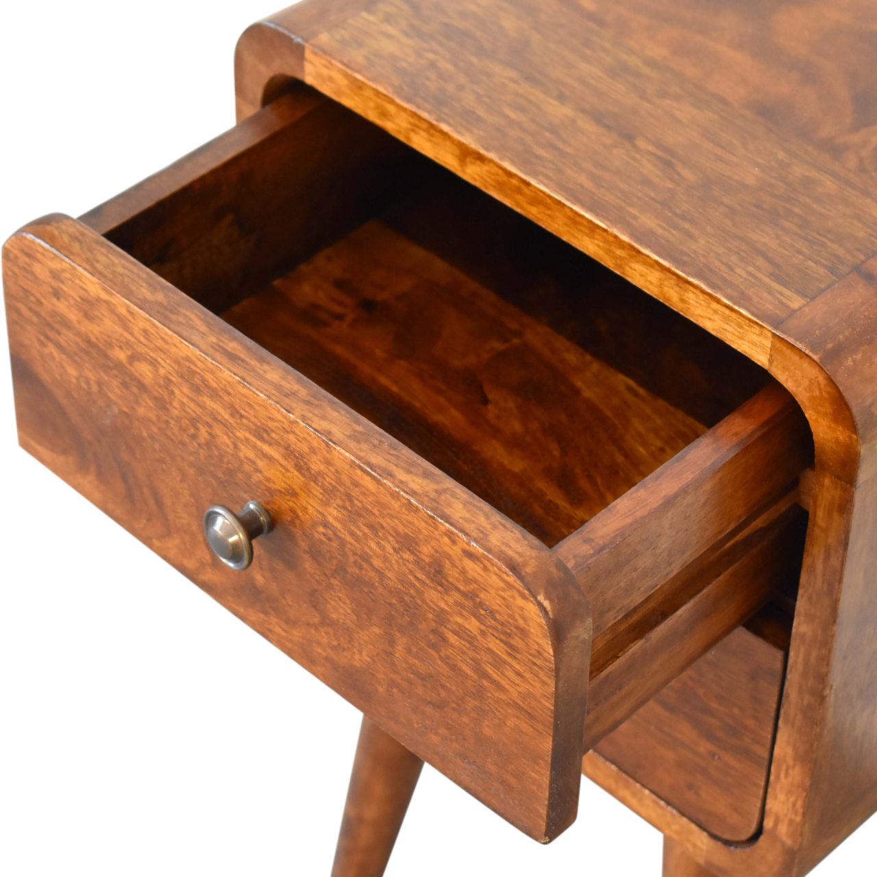 Mini Chestnut Curved Bedside, 2 Drawers, Solid Wood Dark Brown