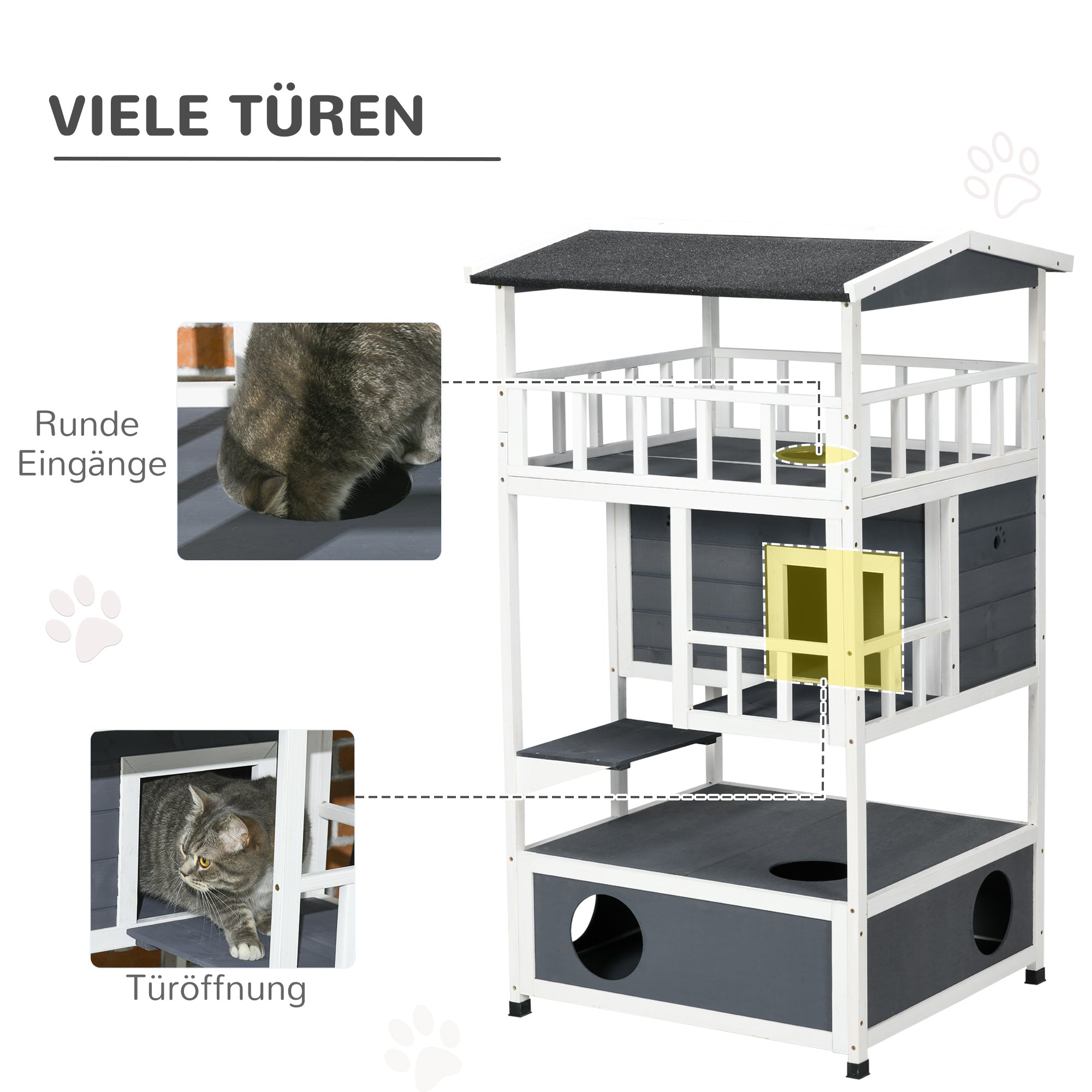 Cat House, 4-Story Balcony Stairs, Solid Wood, Gray