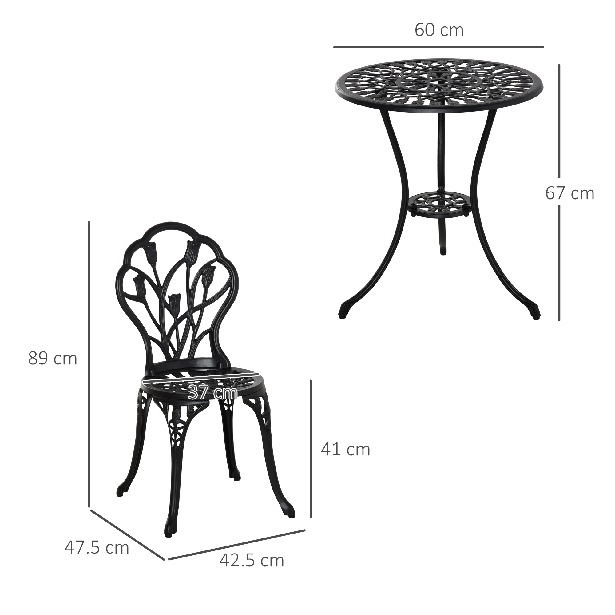 Seating Group Dining Set Table & 2 Chairs - 2 Person Garden/Balcony - Black Aluminum