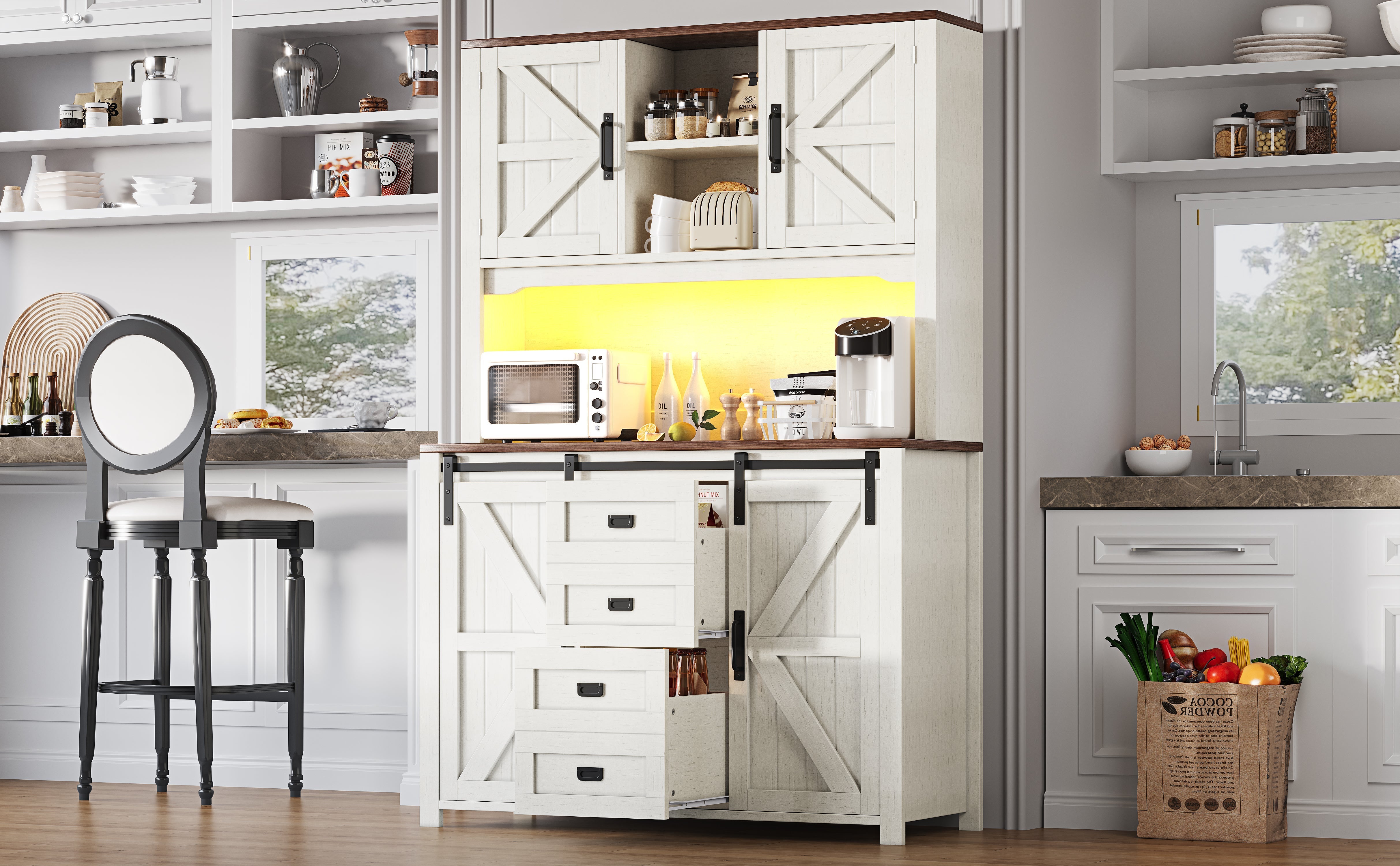 Tall Kitchen Sideboards with Sliding Doors and LED Lighting, Black and White