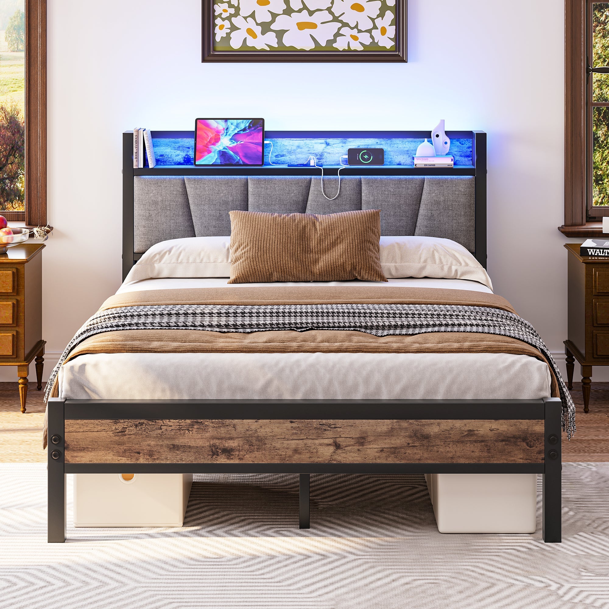 Bed Frame 140x190cm Smart LED Lights USB Charging Noise-Free Metal