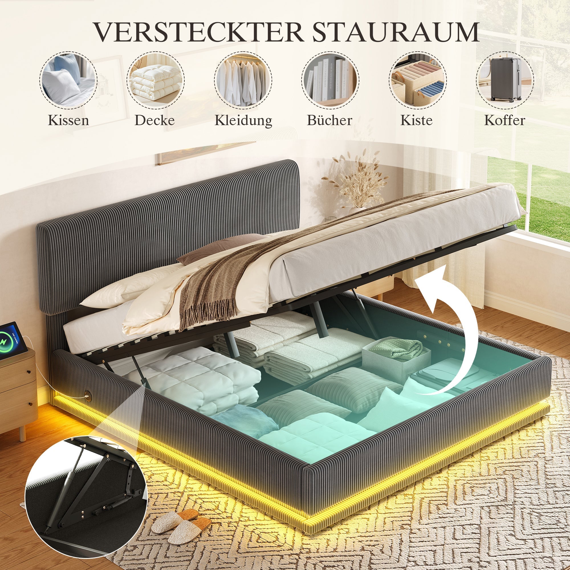 Modern Upholstered Bed with LED Lighting, USB-C Charging and Under-Bed Storage, Gray Corduroy