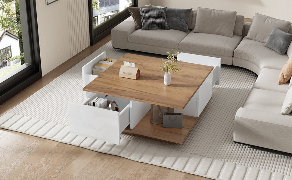 Coffee Table 70x70x31.5cm, 3 Drawers, High-Gloss, White & Original Wood Color