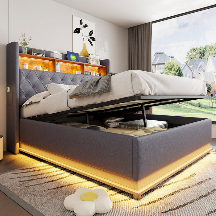 LED Upholstered Bed, 160x200cm, USB Charging, Hydraulic Storage, Linen Fabric, Grey