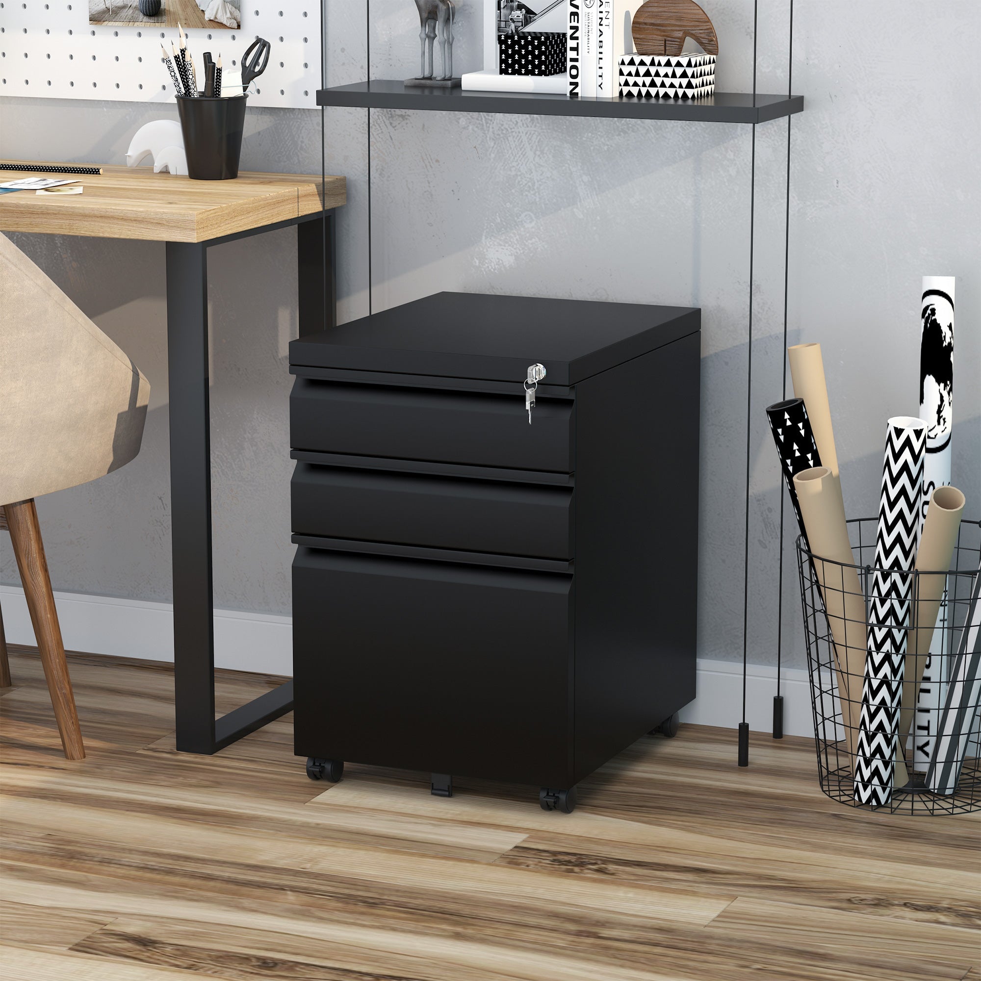 Vinsetto Office Cabinet, 3-Drawer Mobile Steel, Black