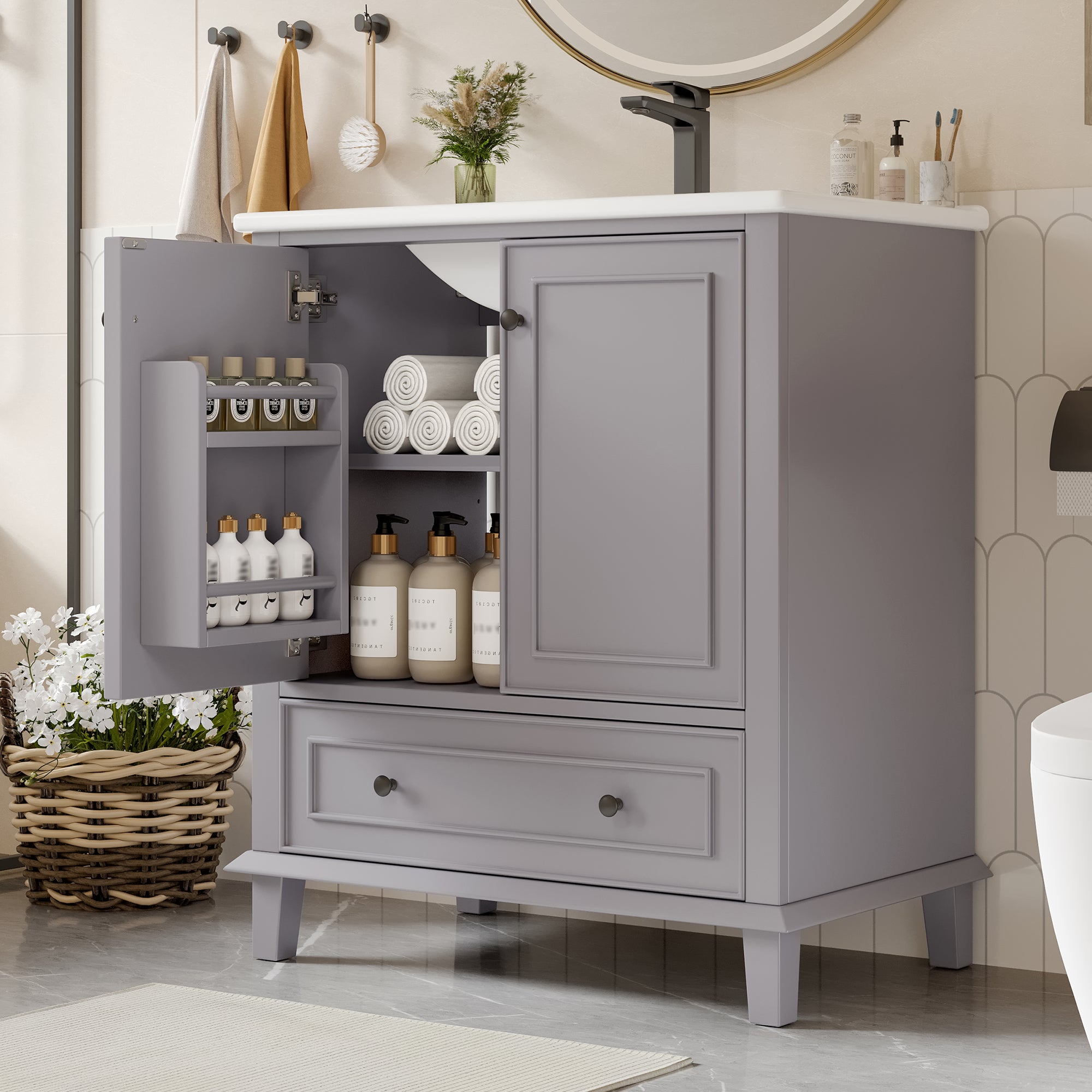 Floor-standing Bathroom Cabinet with Integrated Ceramic Washbasin and Solid Wood Legs, Grey
