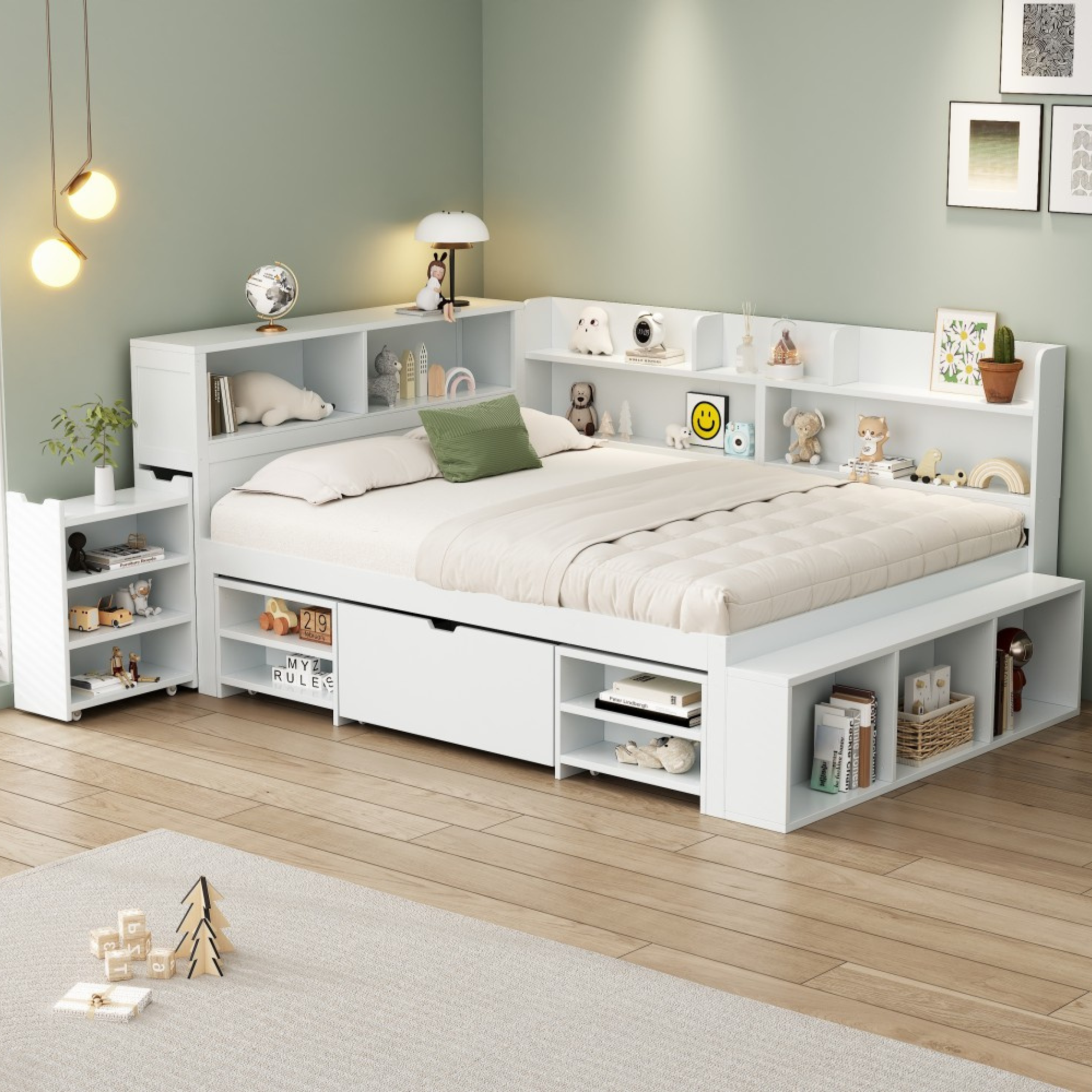 LED upholstered bed, 140 × 190 cm, hydraulic bed, 2-in-1 storage drawers at the foot of the bed, built-in LED light strips on both sides of the bed, slatted base, mattress not included, velvet, grey.
