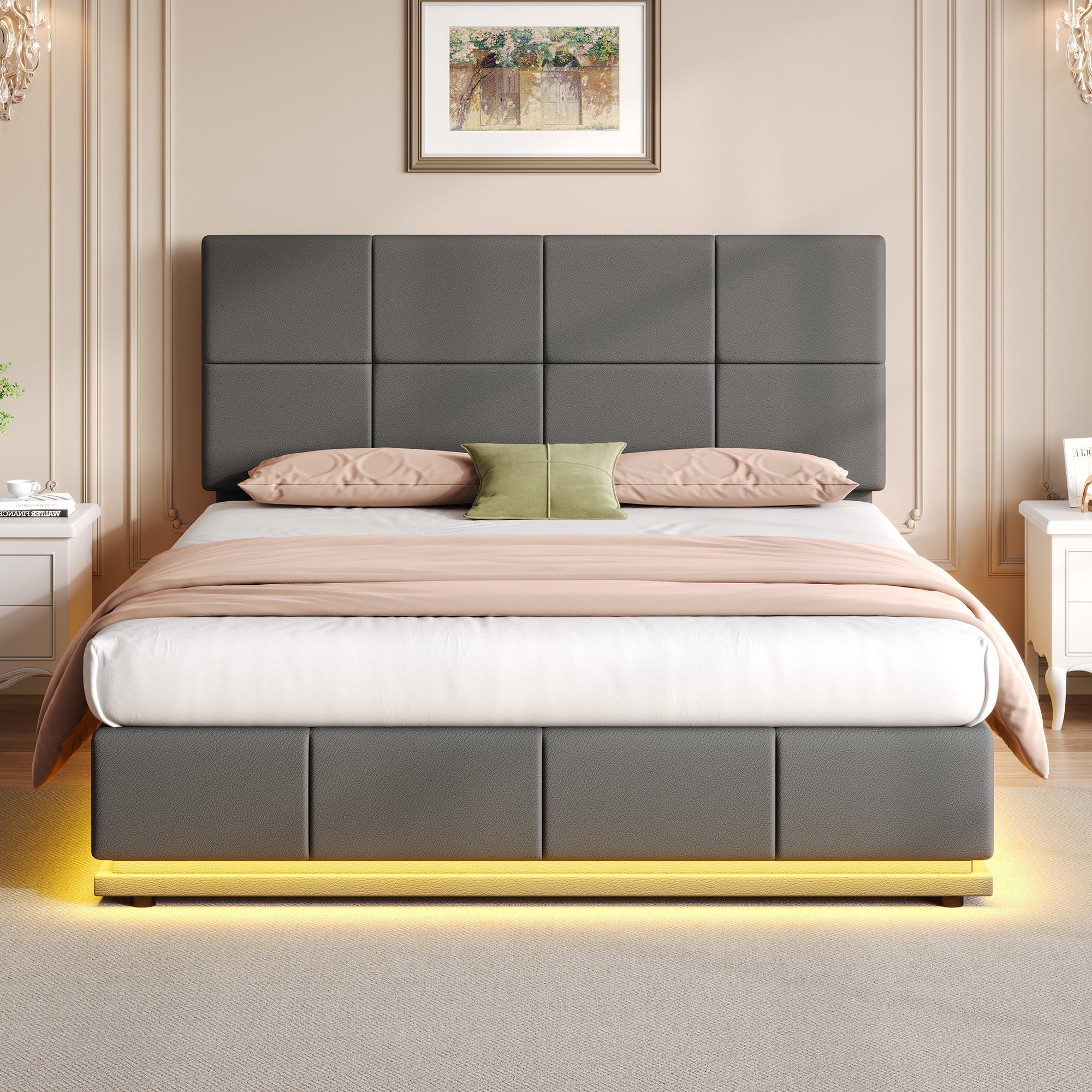 Ottoman Double Bed with LED Lighting, Hydraulic Storage, Adjustable Square Tufted Headboard, Grey PU Leather (No Mattress)