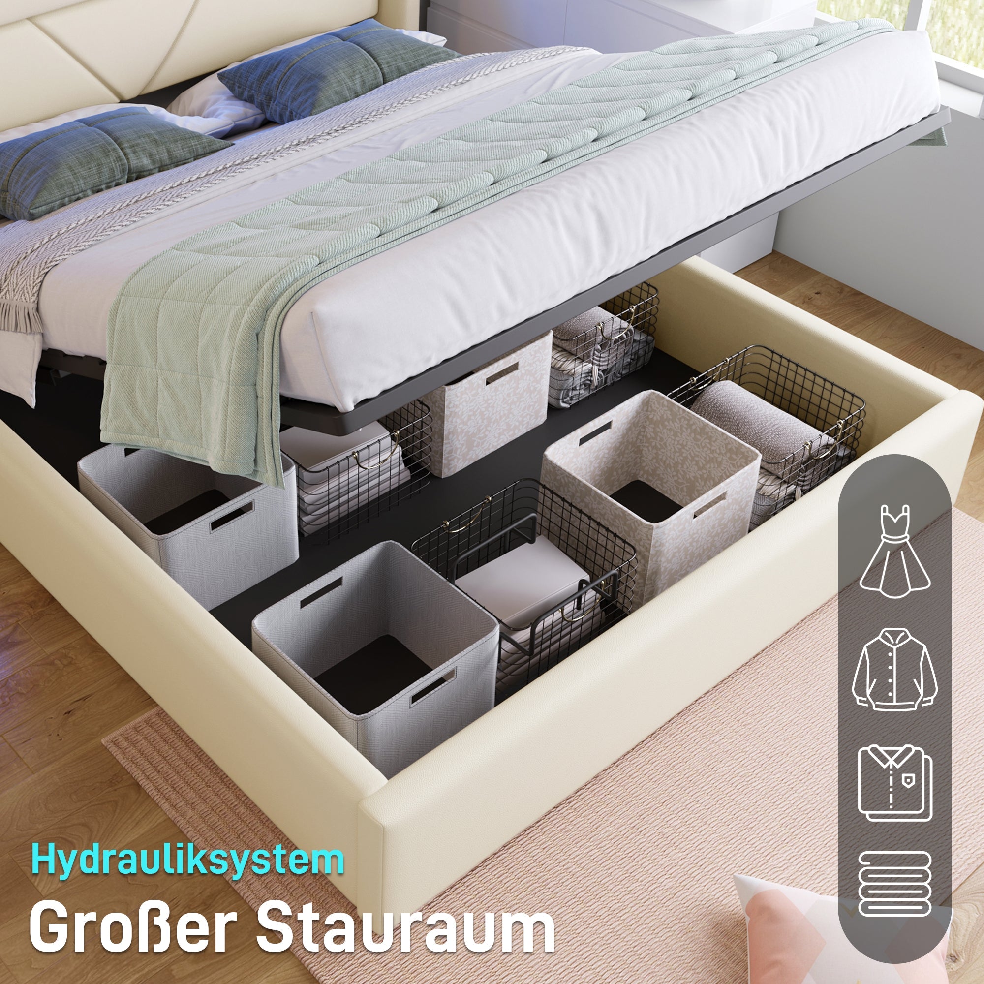 Hydraulic Storage Bed with LED Lighting and Remote Control, 160x200cm, White Upholstered