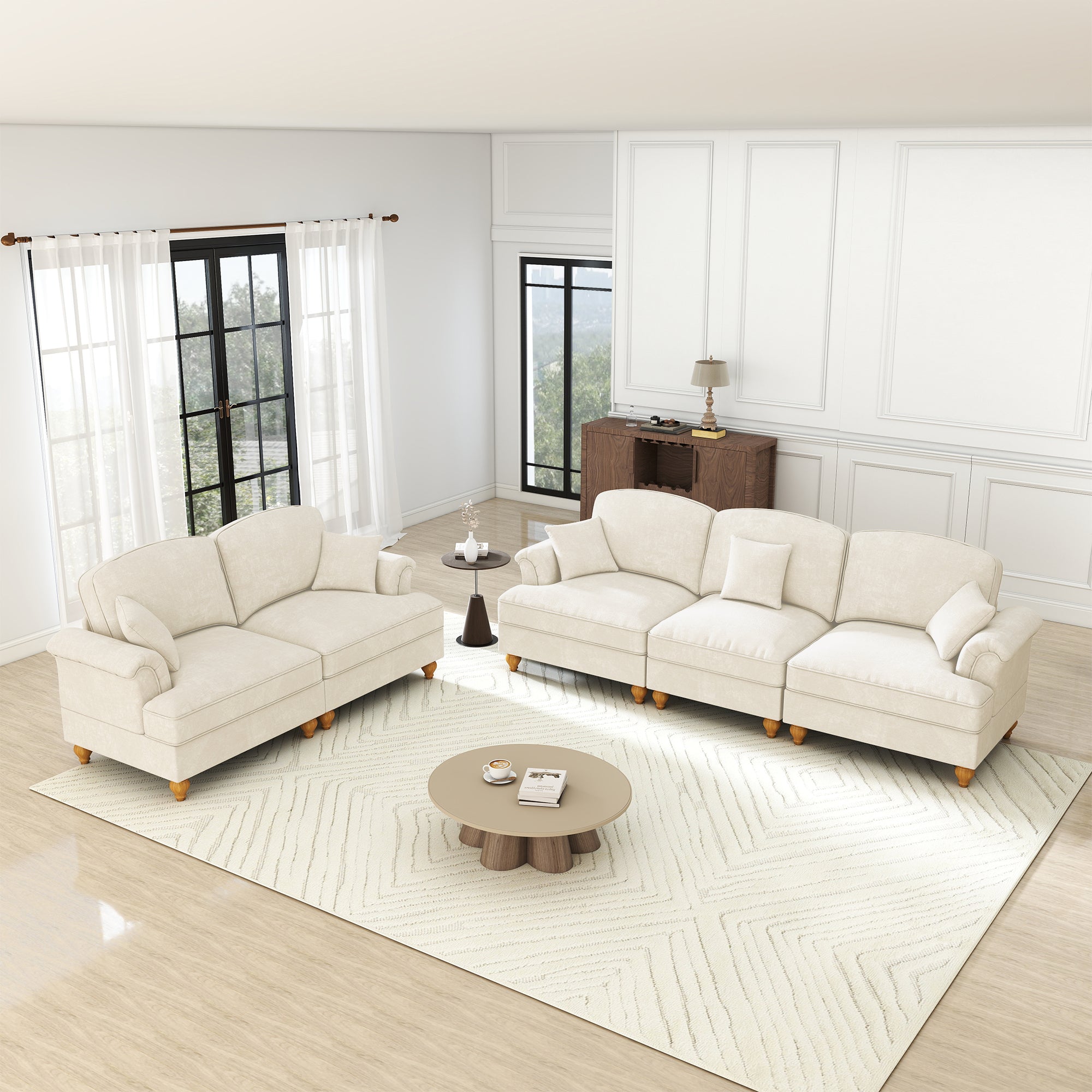 Classic 2-piece Modular Sofa Set 3-Seater 2-Seater Loveseat Ruffled Apron Spindle Legs - Chenille White