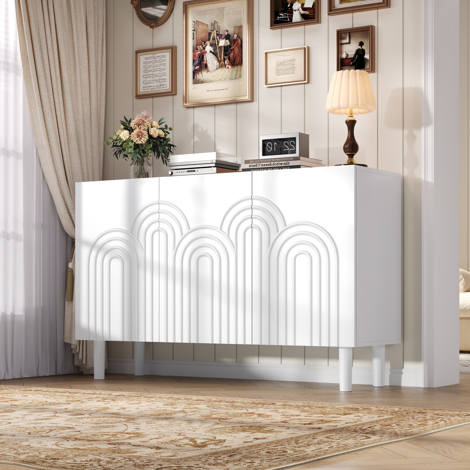Sideboard Cabinet, 3 Doors Large Storage Adjustable Divider, White MDF