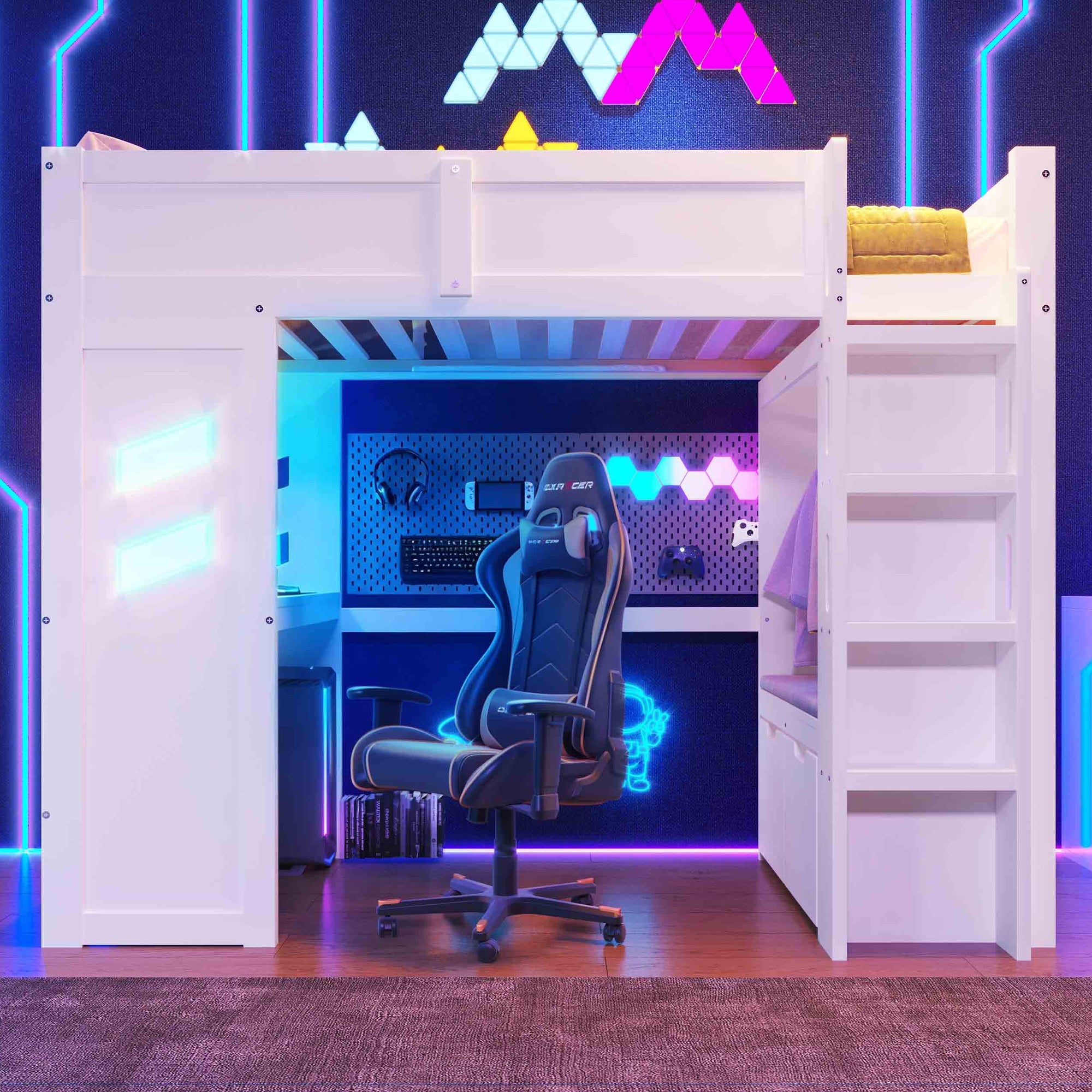 Loft Bed 90x200cm Gaming Desk LED Lights USB/Type-C, White