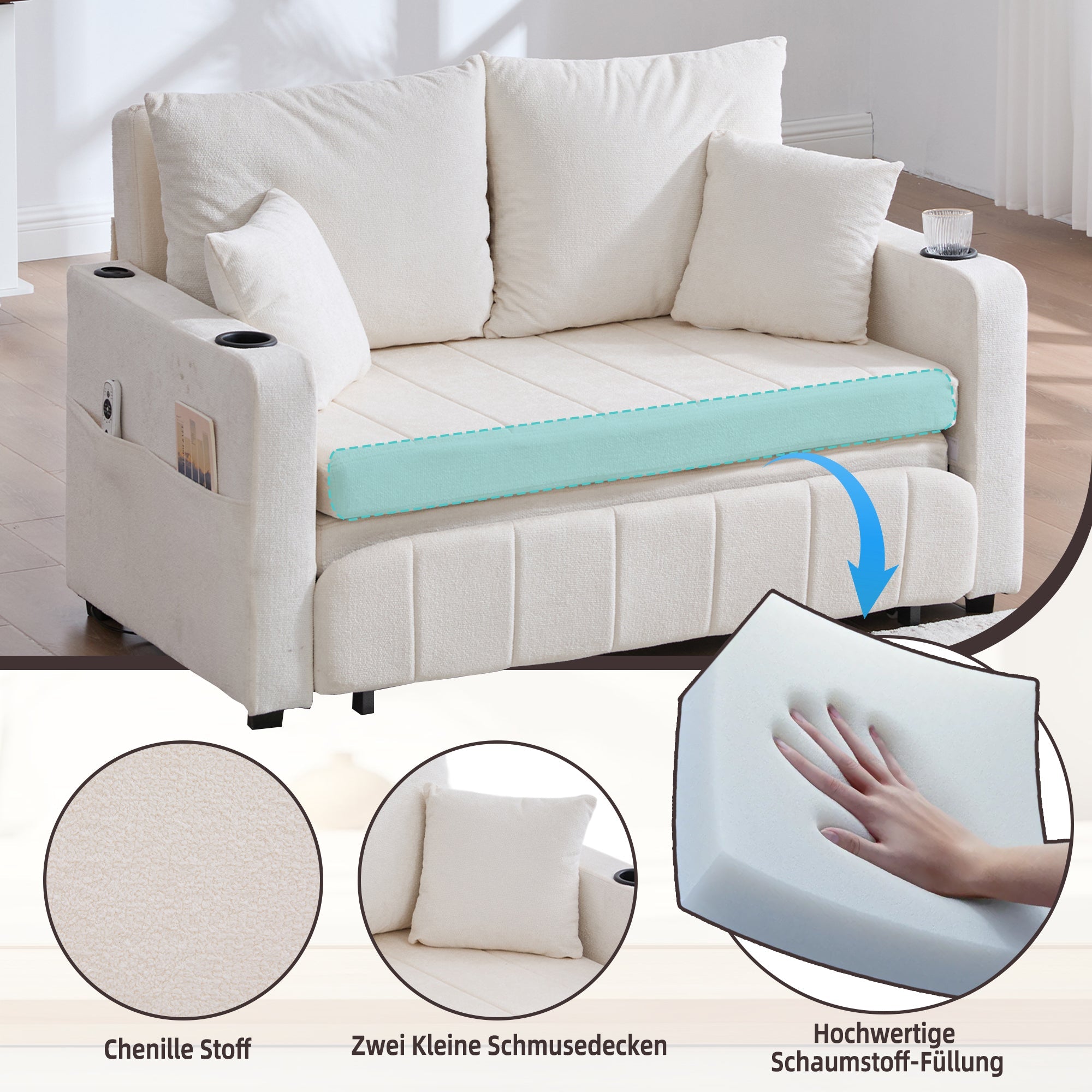 Sofa, Multifunctional Folding Pull-Out with USB & Cup Holder, Fabric