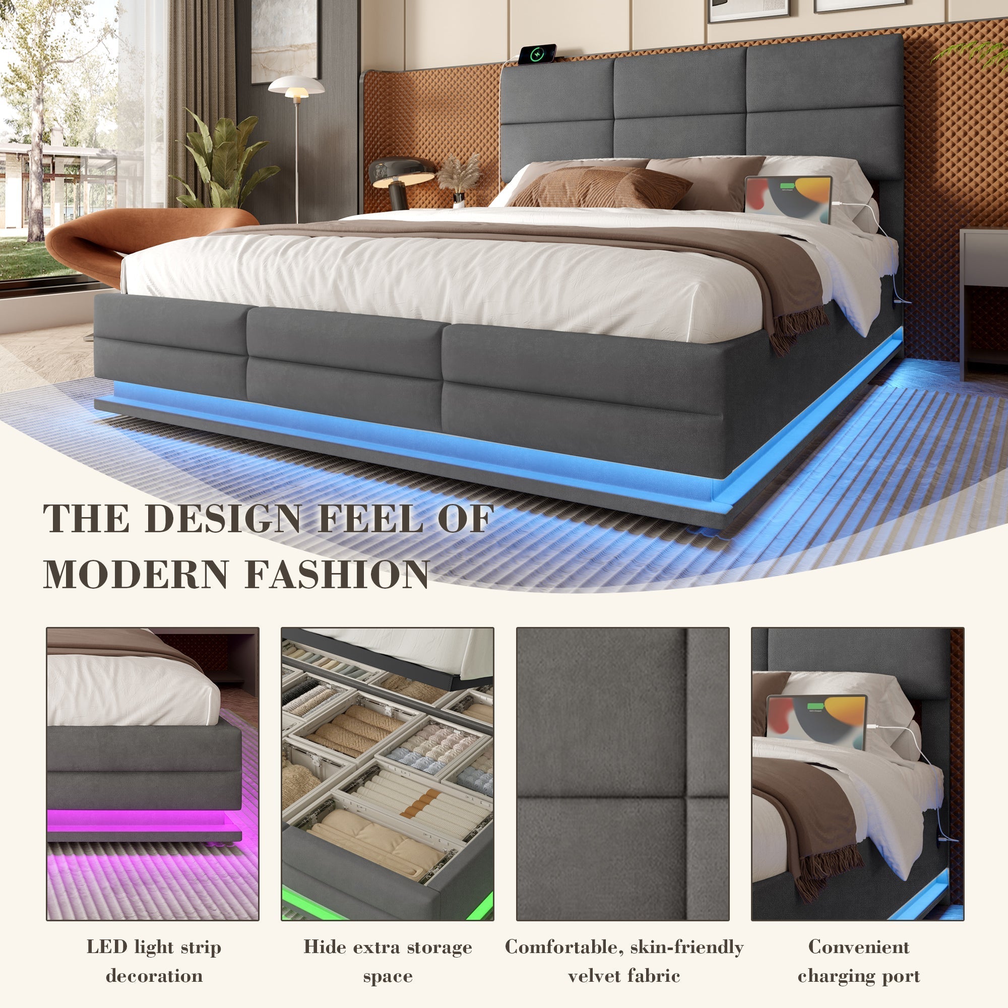 Modern Velvet Upholstered Bed, 150x200 cm, LED, USB Ports, Hydraulic Lift, Gray