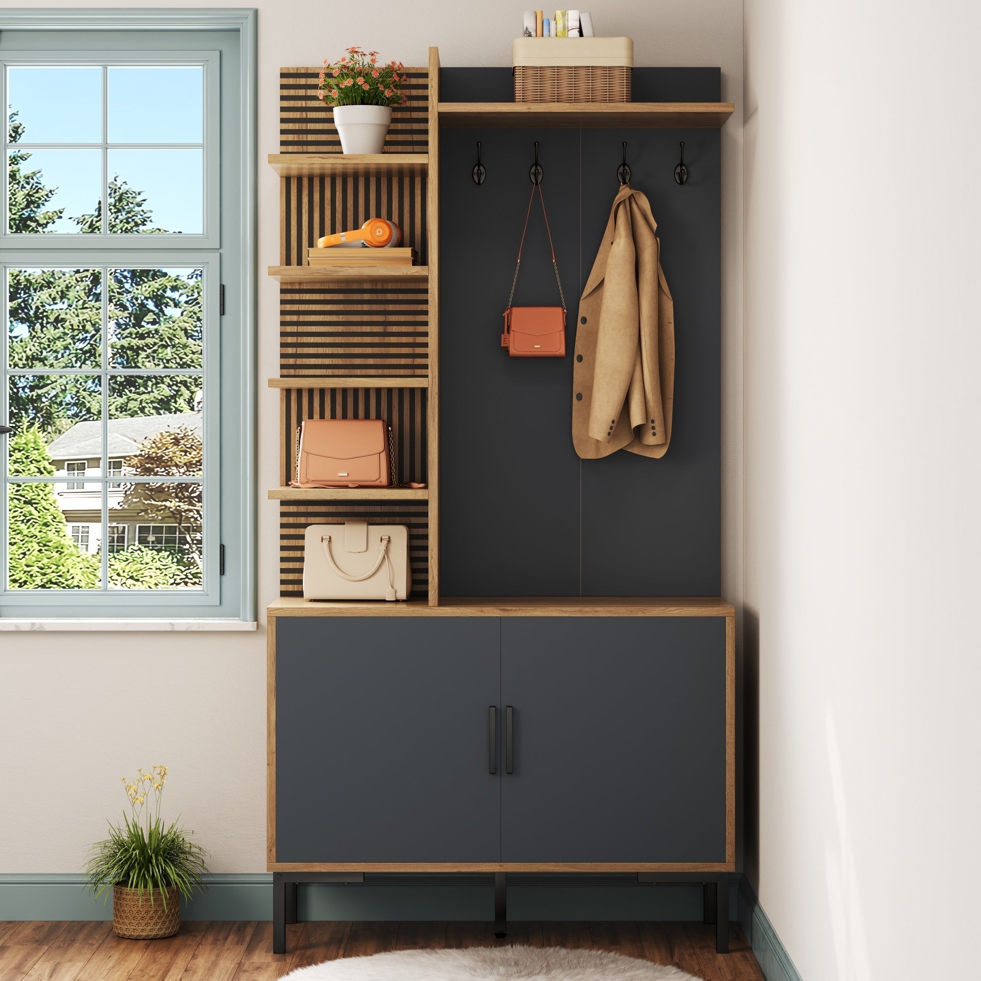 Wardrobe Set with Shoe Compartment, Shelves, Adjustable Dividers, Hooks - Wood and Black