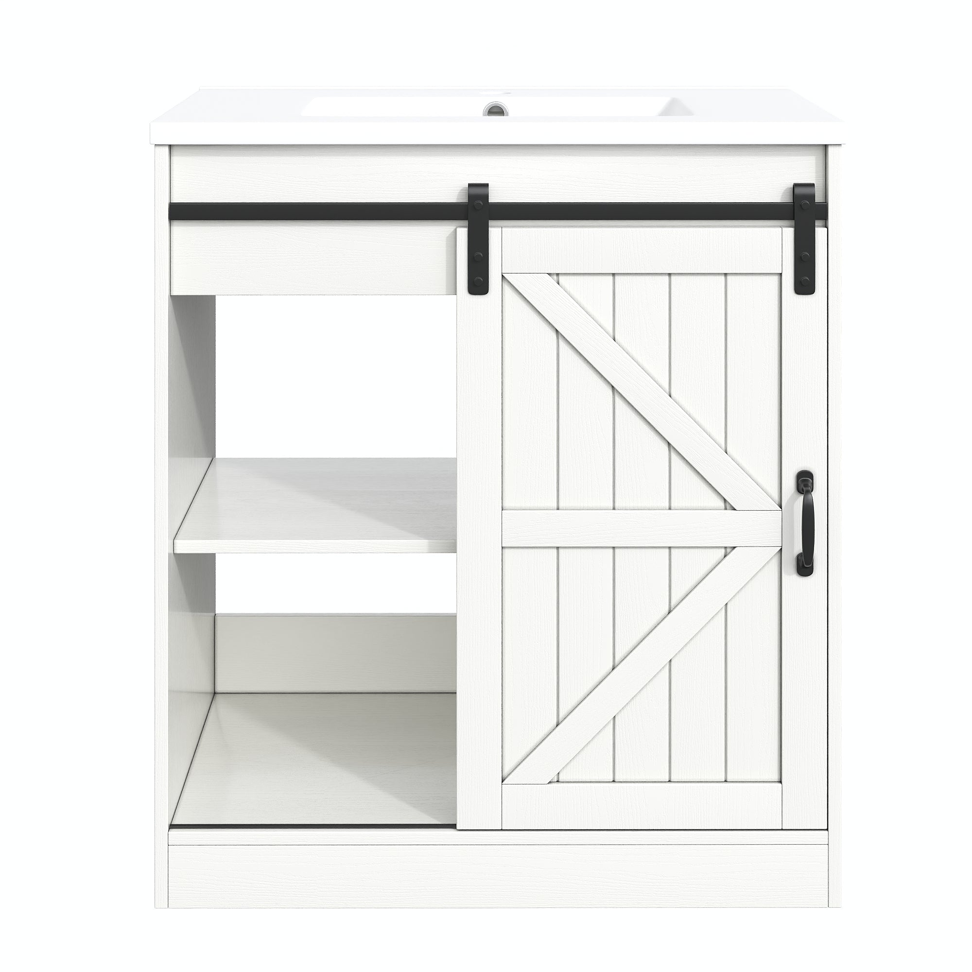 Bathroom Vanity Unit with Ceramic Sink and Barn Door Storage, White
