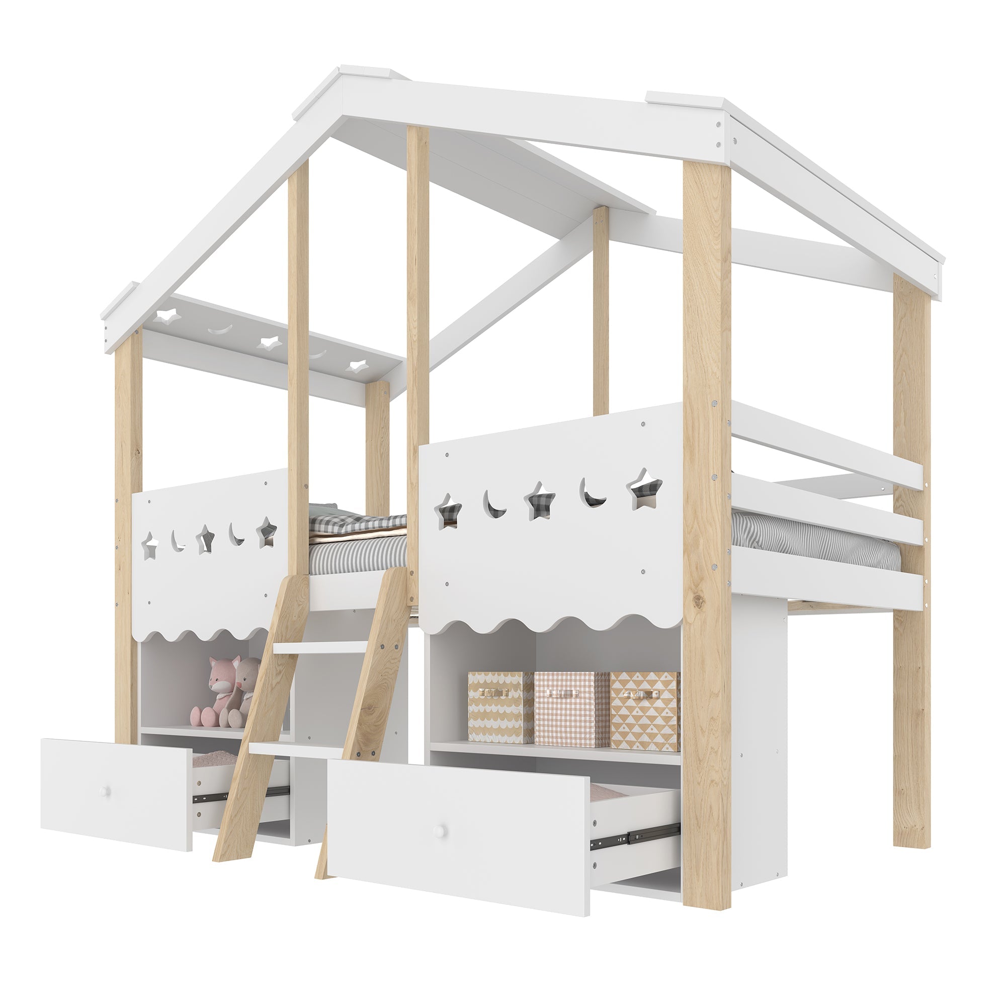 Mid-height Bed 90x200cm House Shape 2 Drawers LED Light - White/Natural
