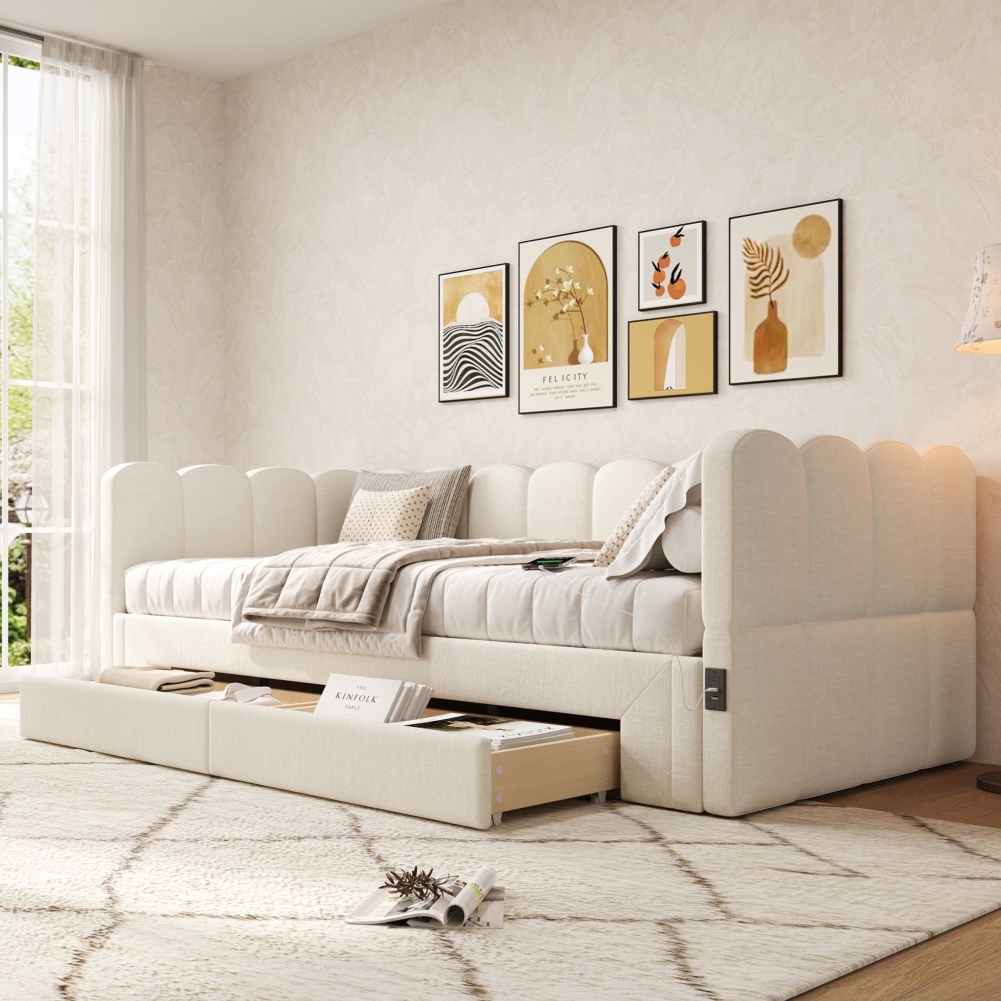 Upholstered Daybed Sofa Bed Extendable 90x200cm Storage Drawers USB Port Beige Linen