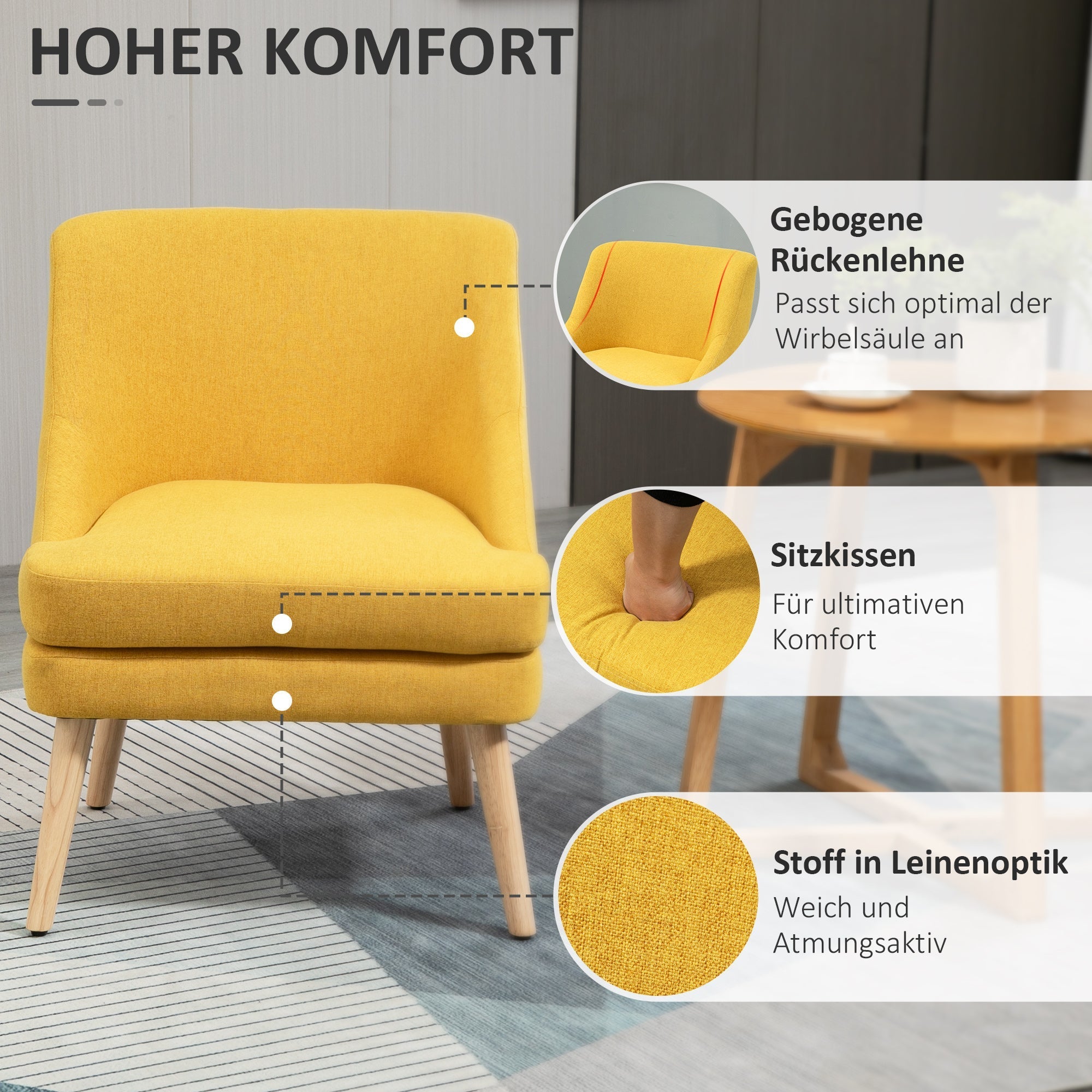 Dining Chair Upholstered with Armrests, Home & Office, Linen-Touch Wood Yellow