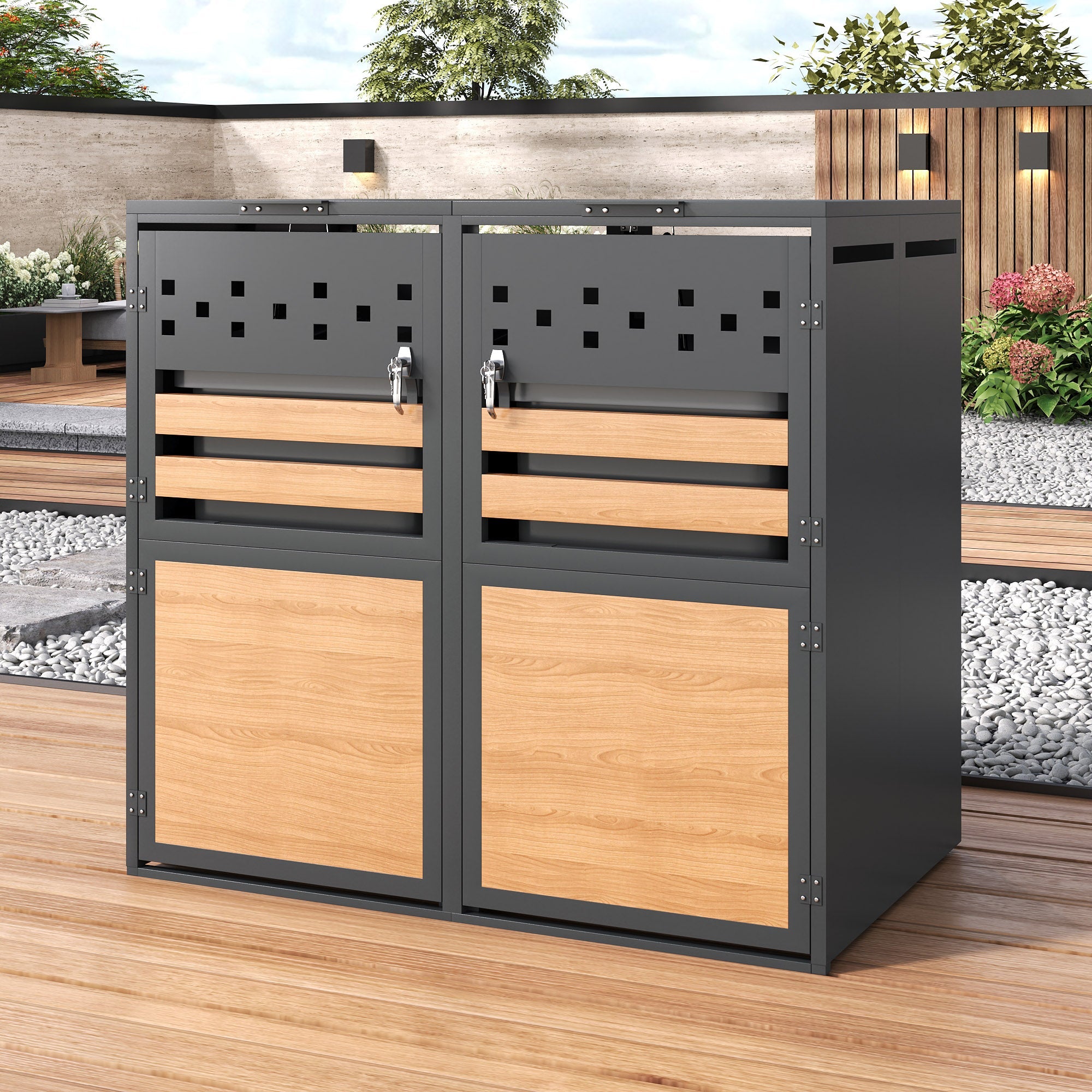 Bin Storage Box with Hinged Lid, Lockable Two Doors and Diamond Cutouts, Wood Grain Panels