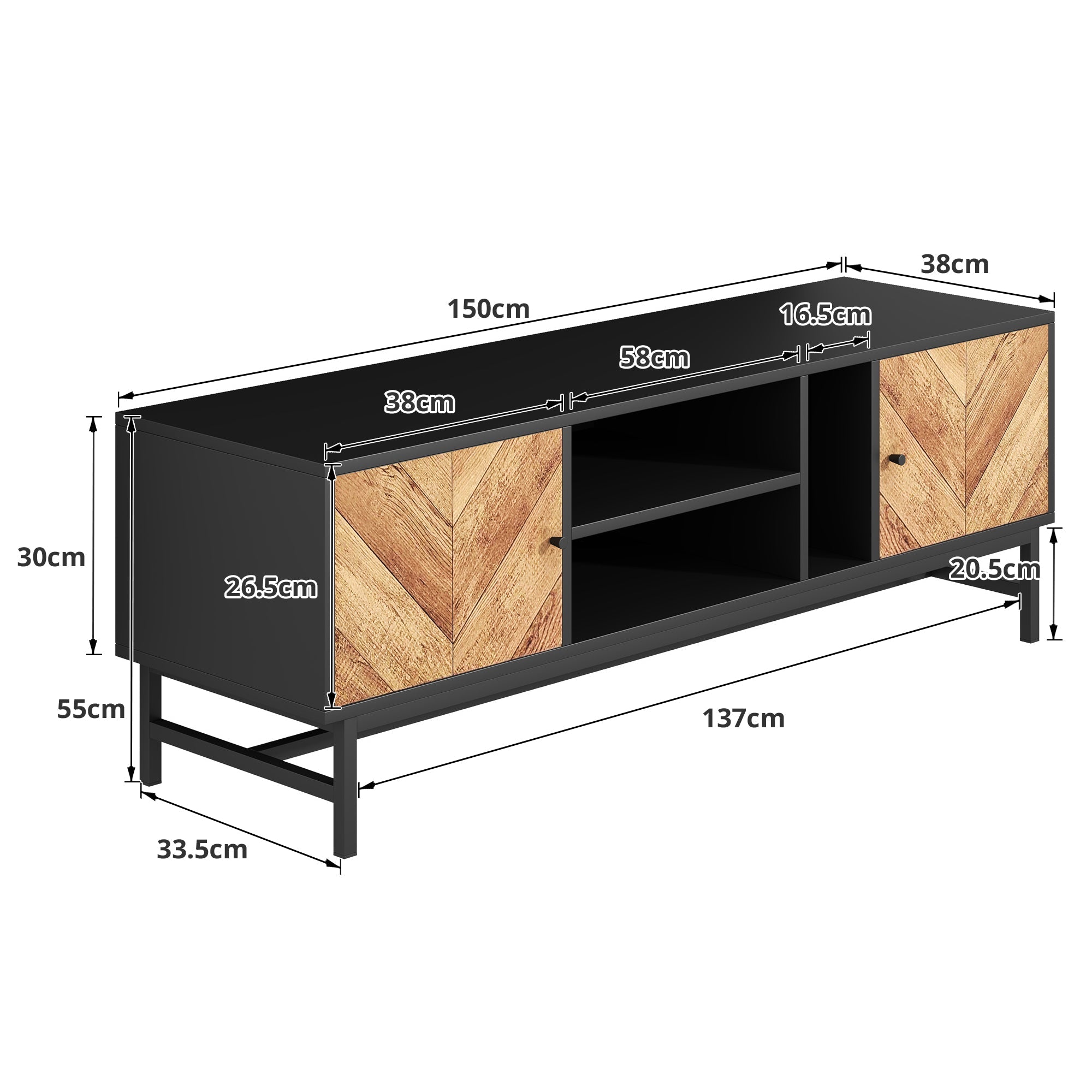 TV Cabinet 150 cm, Versatile Storage with Cabinets & Compartments, Black & Wood