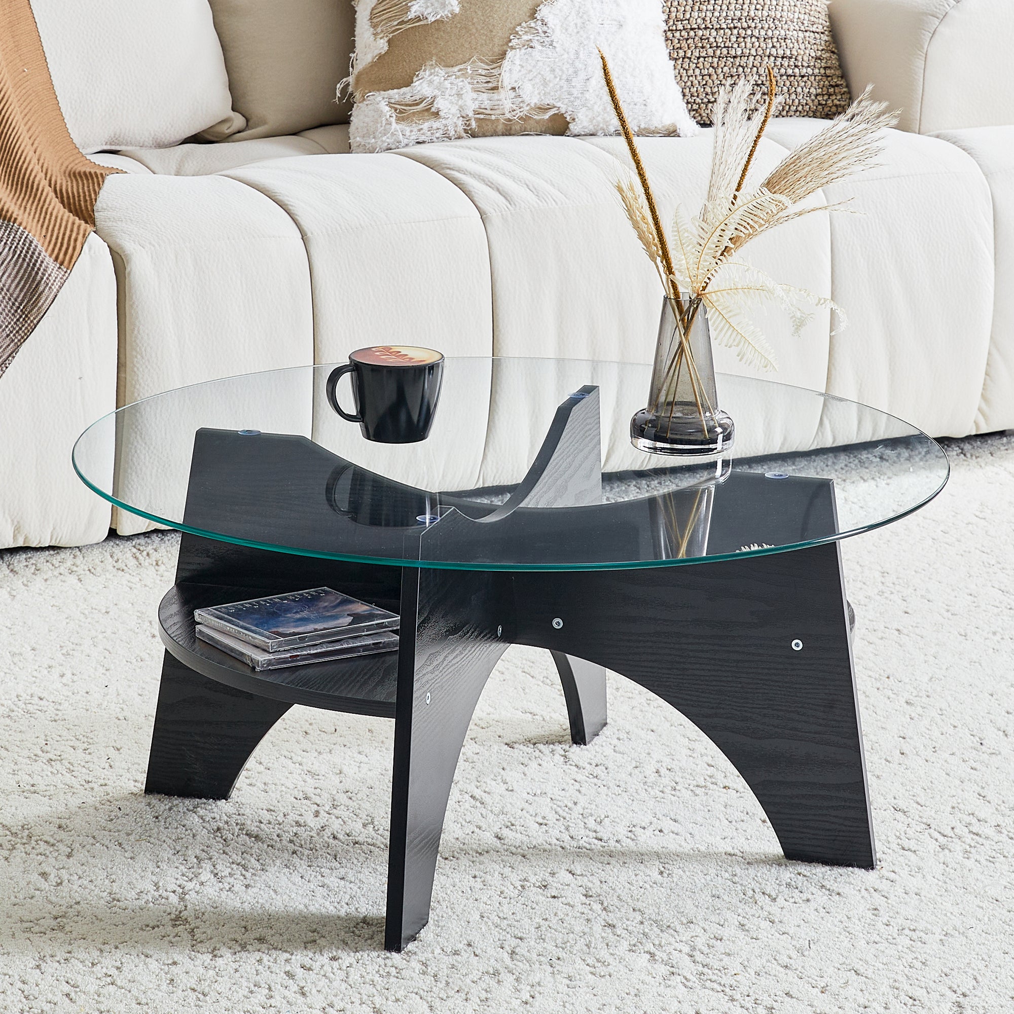 Modern Round Side Table Ø 80 cm Safety Glass Fan-Shaped MDF Legs - Black Wood Look
