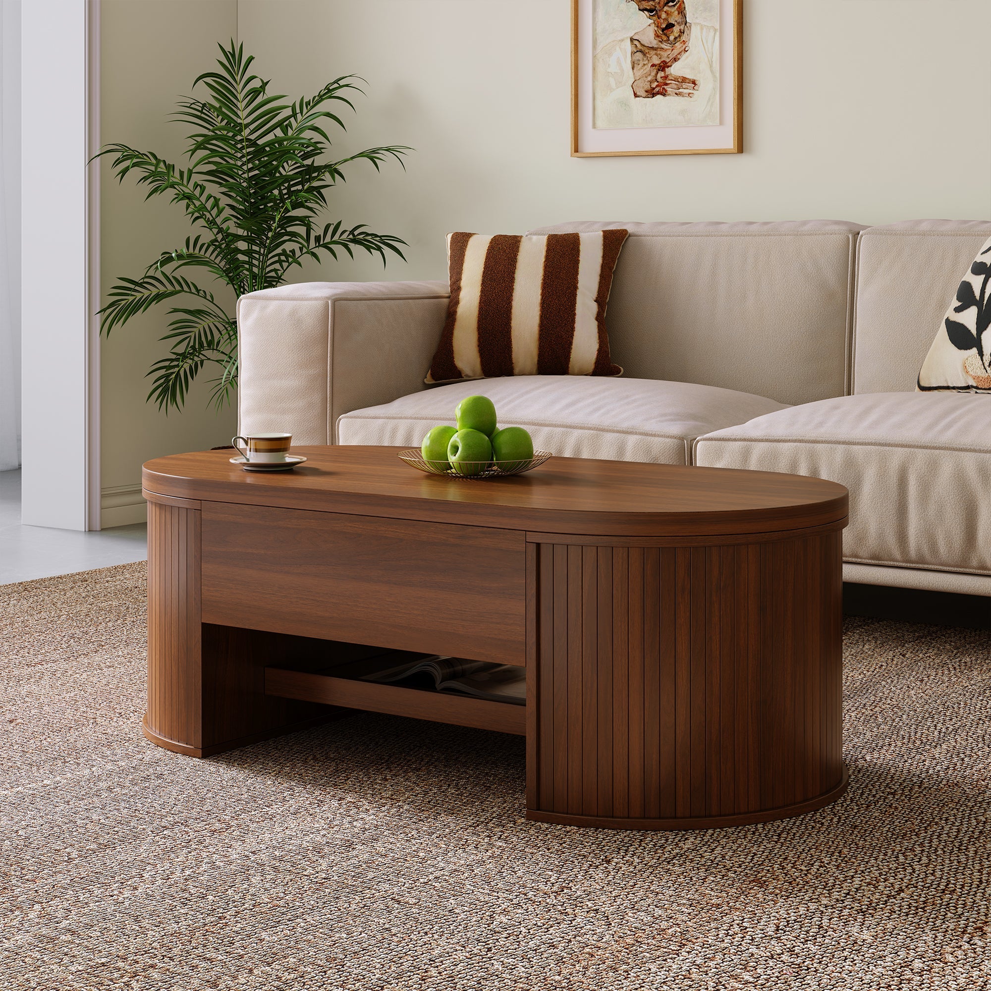 Liftable Coffee Table, Curved Sides Pull-Out Shelf Multifunctional, Wooden