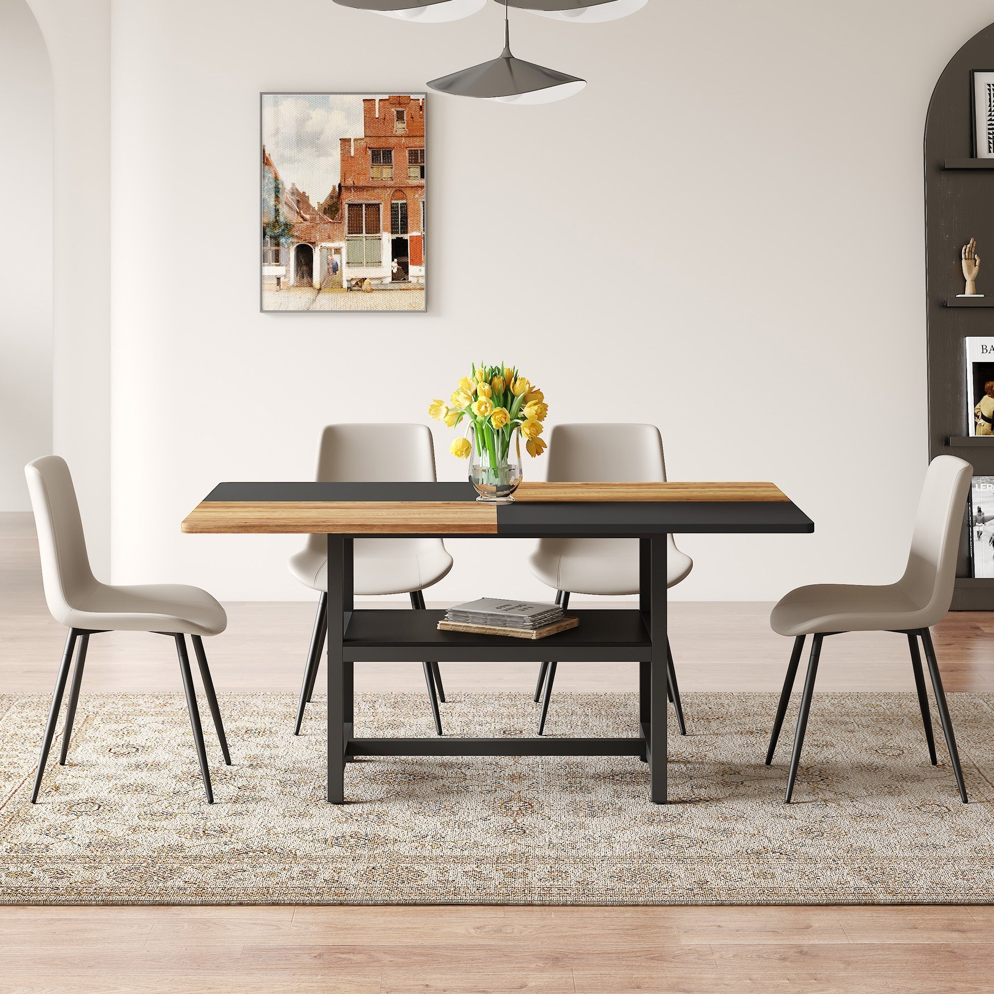 Dining Set 160cm Rectangular Storage 4 PU Chairs - Warm Grey