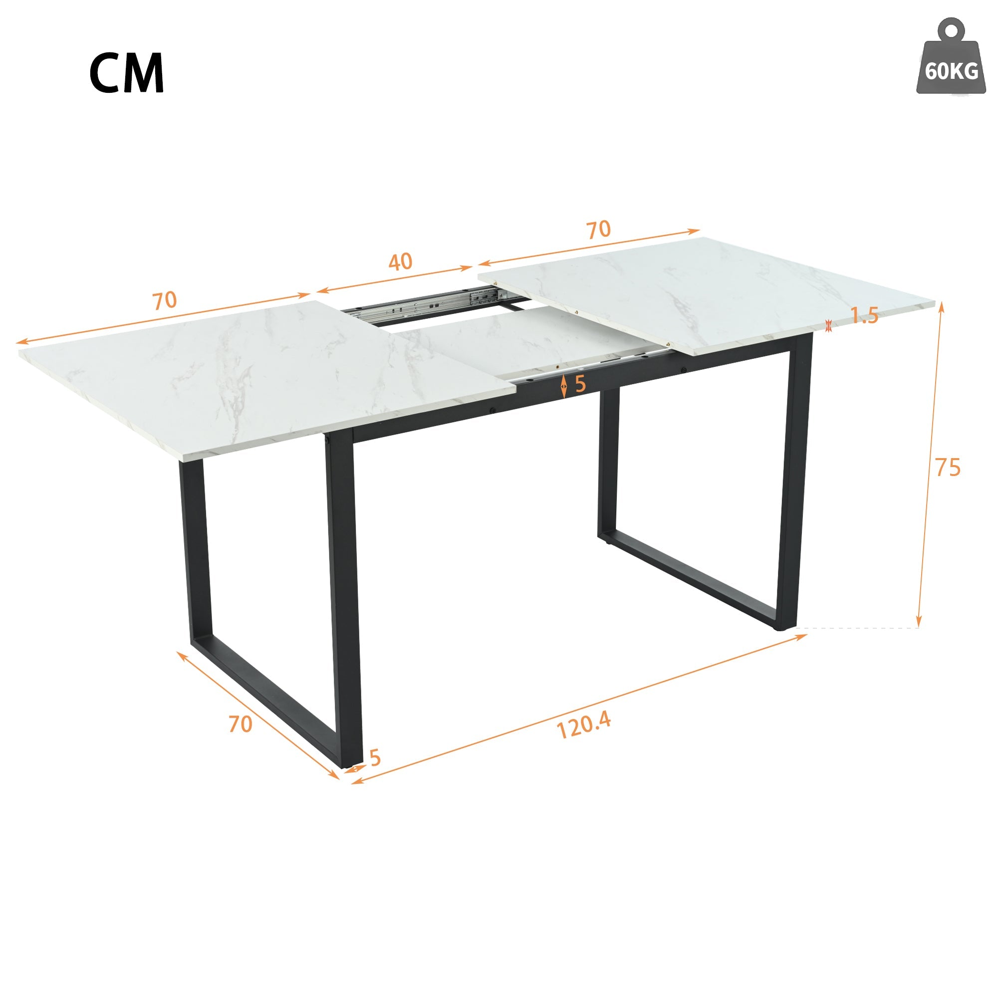 Telescopic Dining Table 140/180cm Extendable with Iron Legs, White Marble MDF