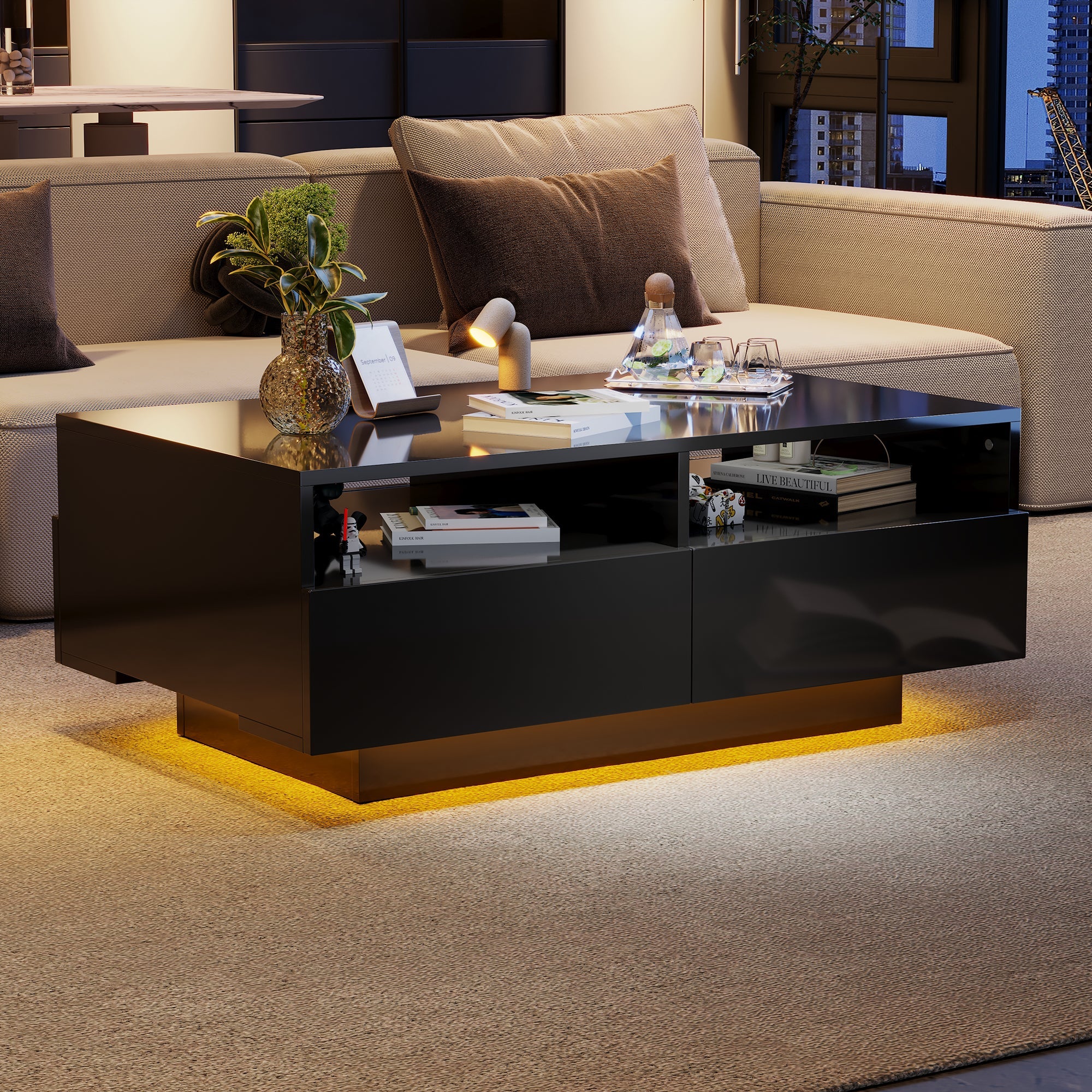 LED Coffee Table with 4 Drawers, Modern Center Table with 16 Colors LED Lights, High-Gloss