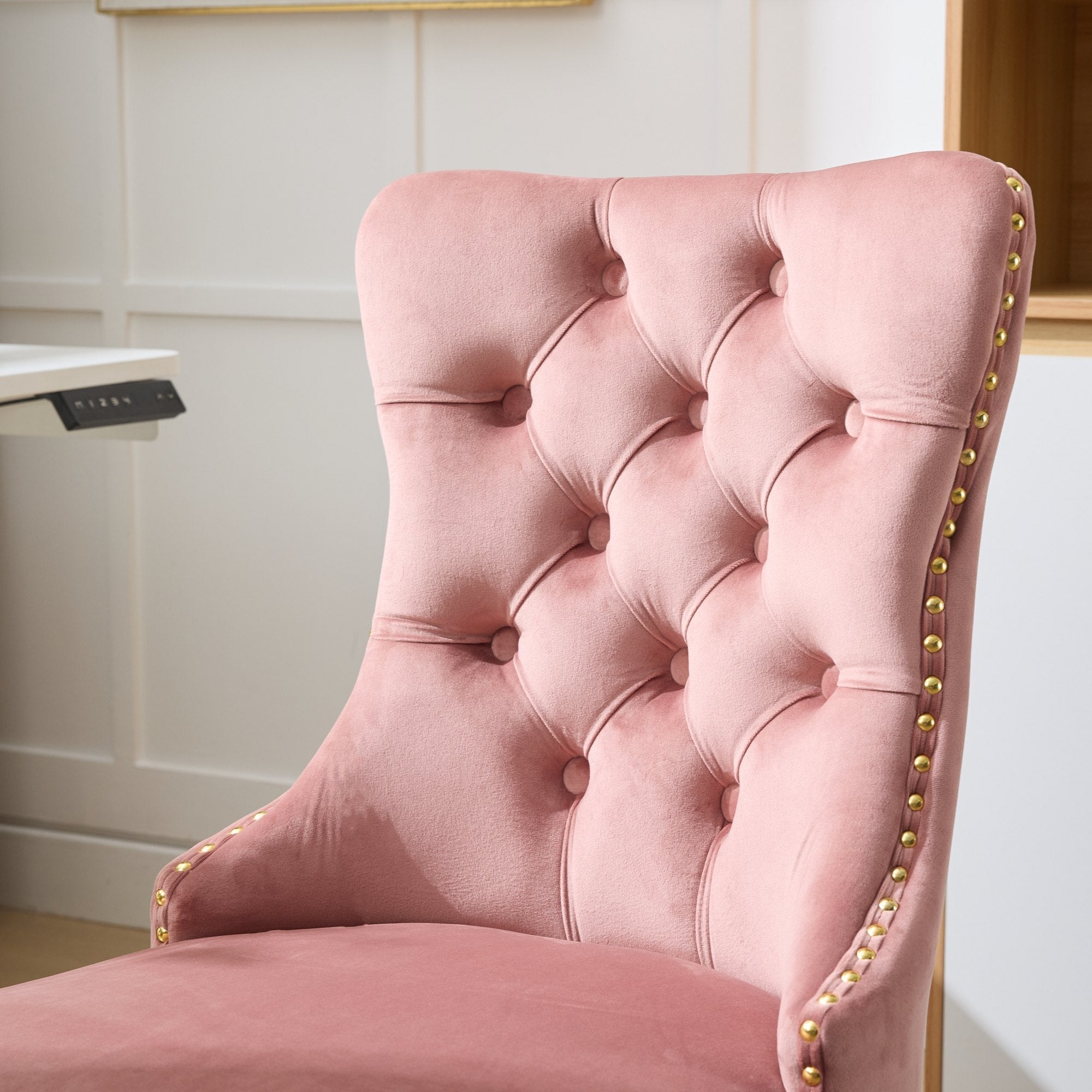 Home Office Chair Modern Velvet Upholstered Tufted Button Adjustable Swivel Golden Base - Pink