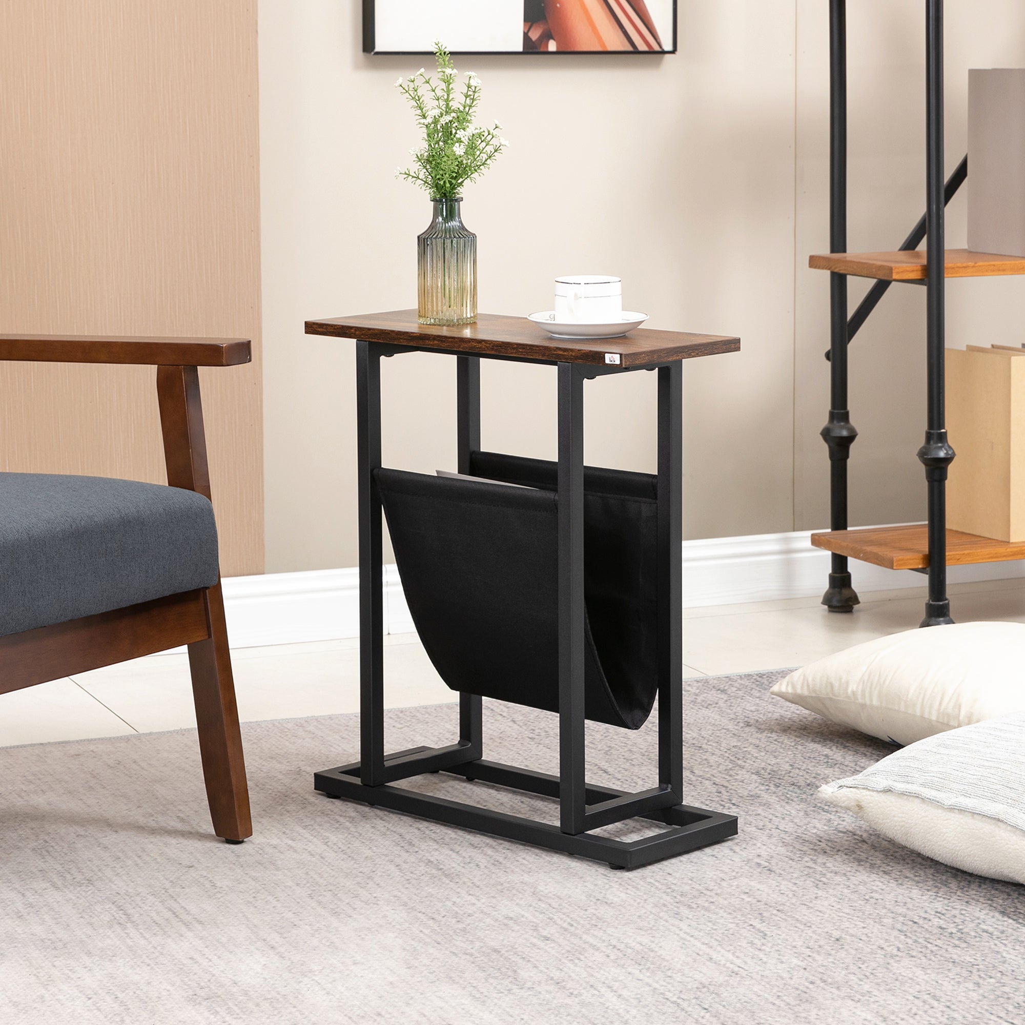 Beistelltisch Couchtisch Nachttisch, Stofftasche Stahlrahmen, Dunkelbraun und Schwarz