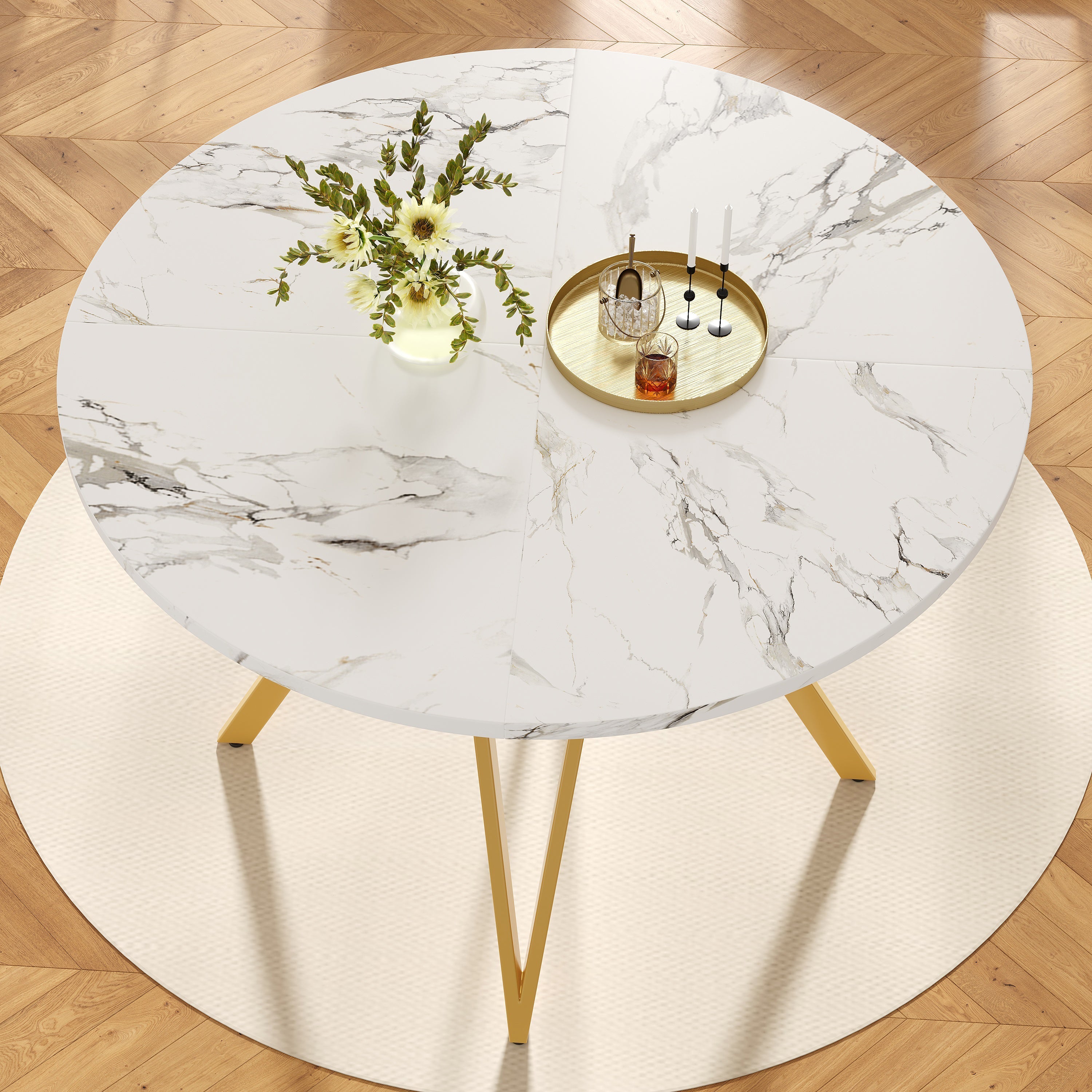 Round Dining Table 100cm 4-Seater Metal Legs MDF Marble Top - Gold