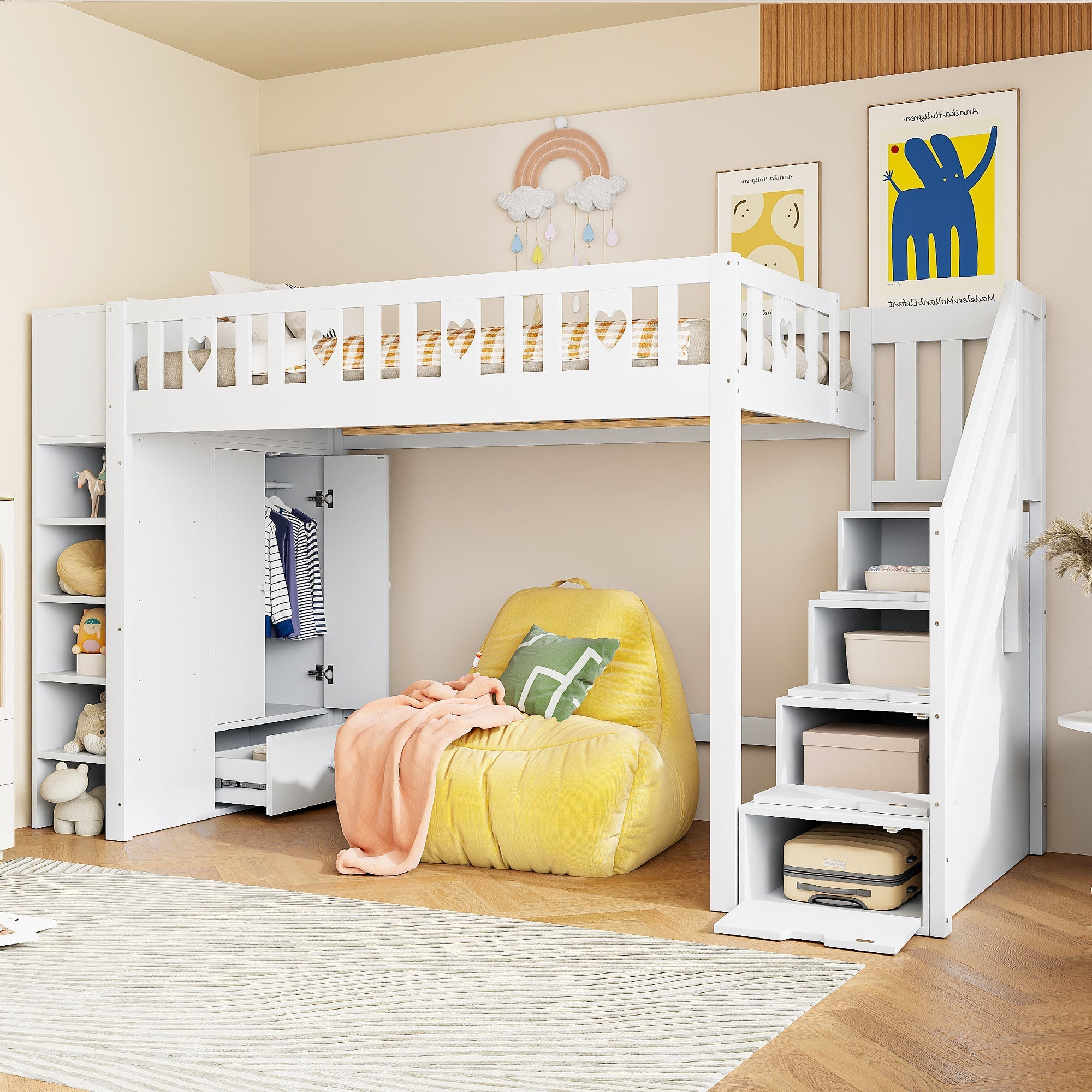 Loft Bed 90x200cm Storage Ladder Shelves Fold-Down Cabinet Love Railing - White