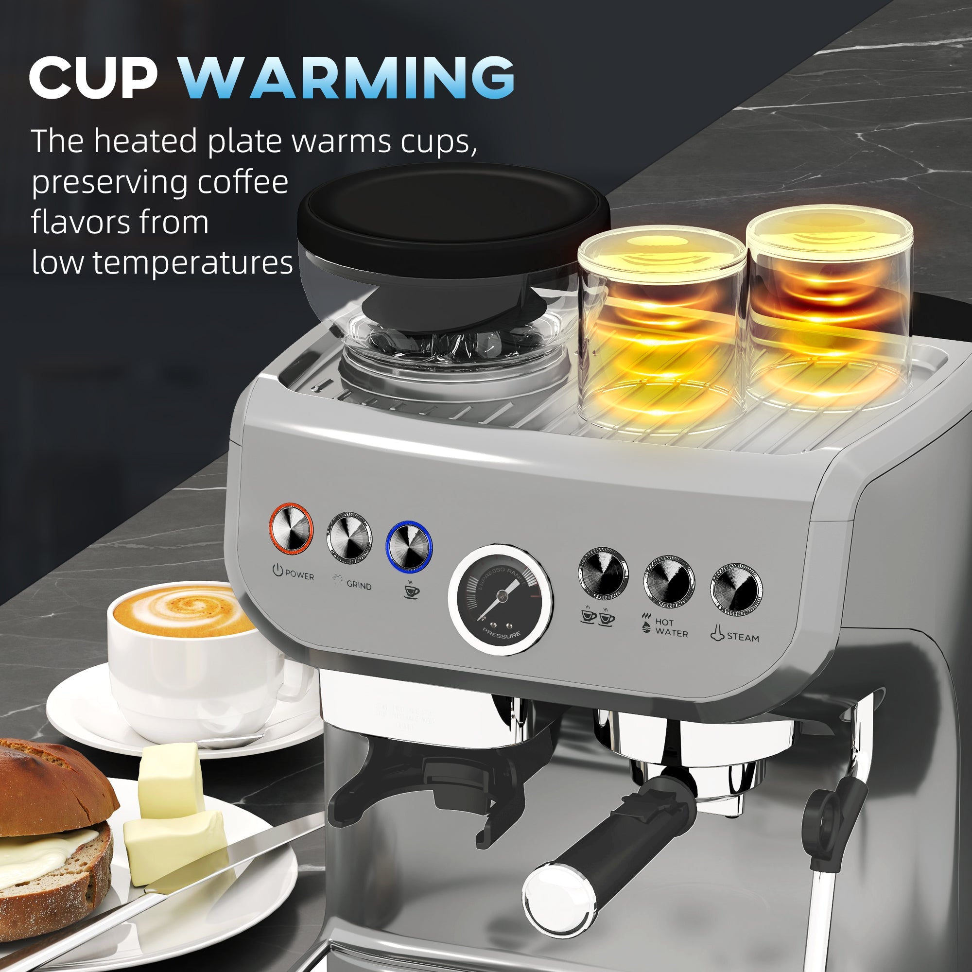 15 Bar Coffee Machine, Adjustable Grind Steamer, Silver