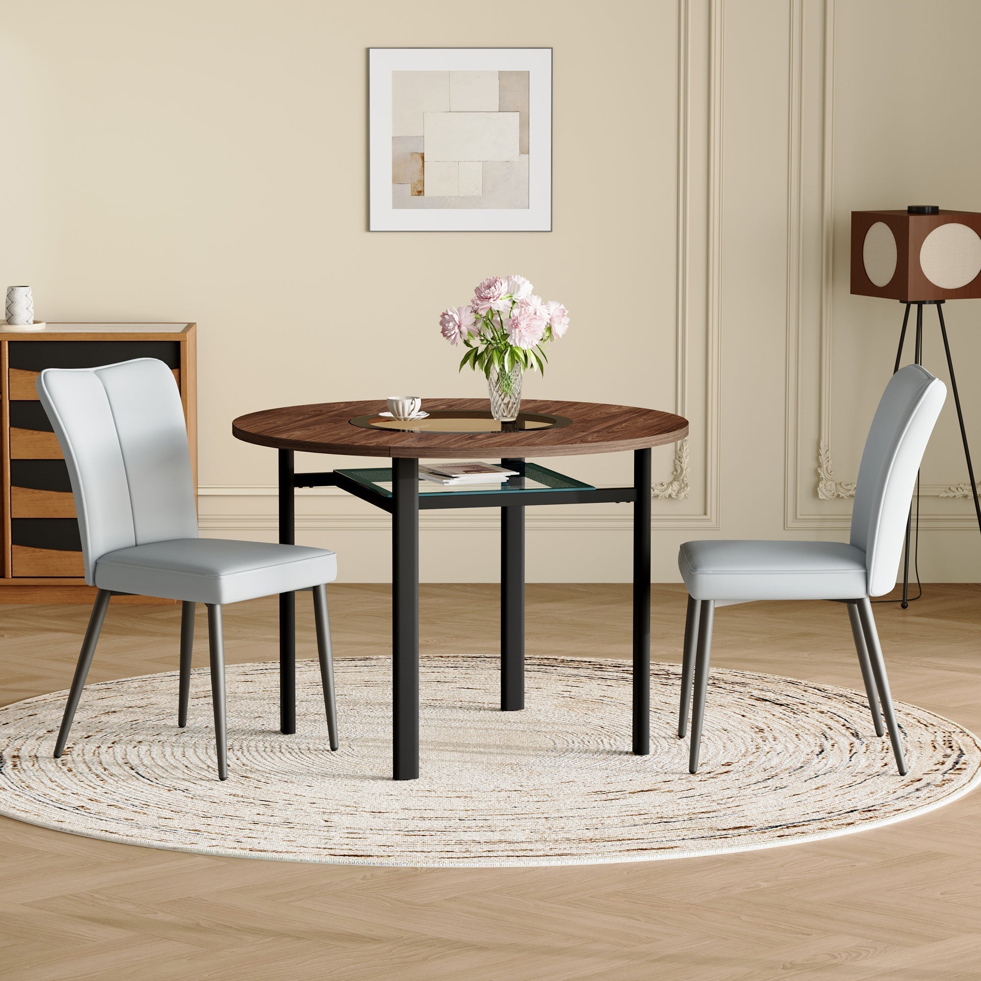 Round Dining Set 100cm Minimalist 2 PU Chairs - Light Grey/Wood Look