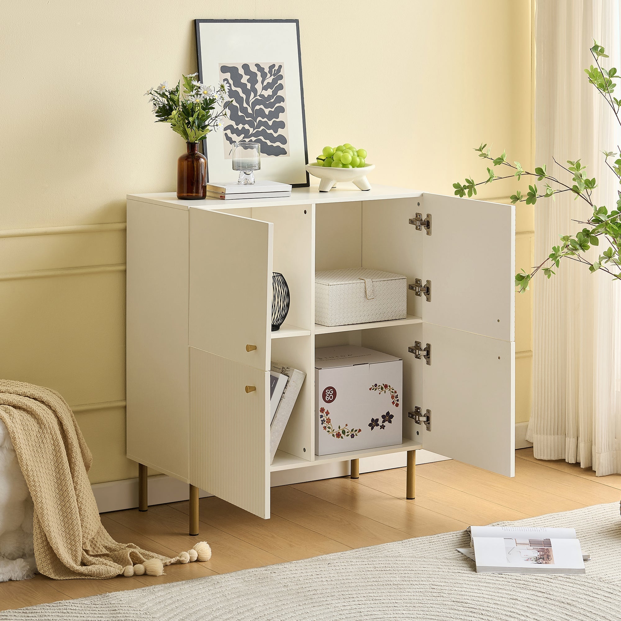 Sideboard, Modern MDF with Zinc Alloy Handles & Steel Legs, White
