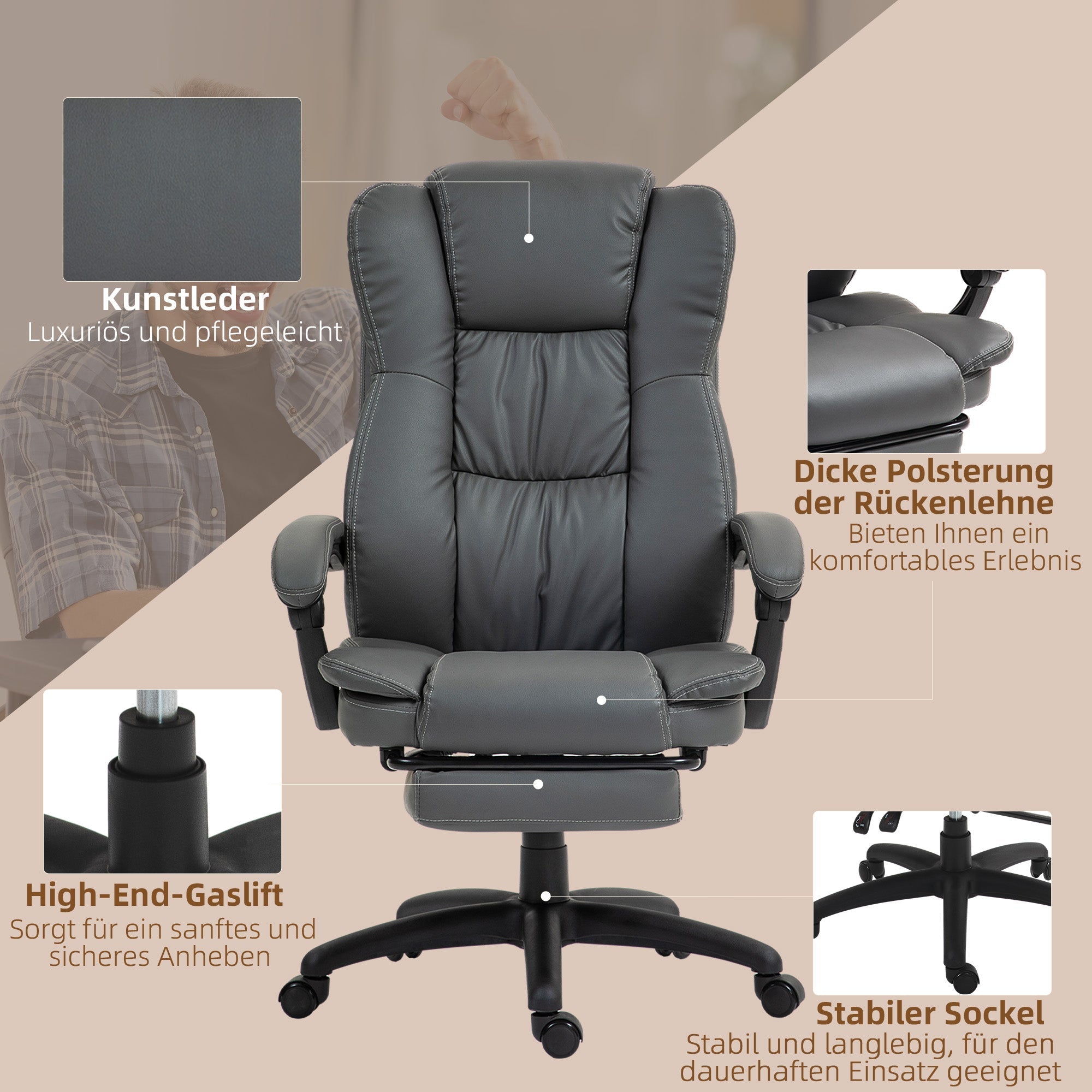 Office Chair Executive Swivel Height Adjustable Footrest Headrest Reclining Massage Dark Grey Faux Leather