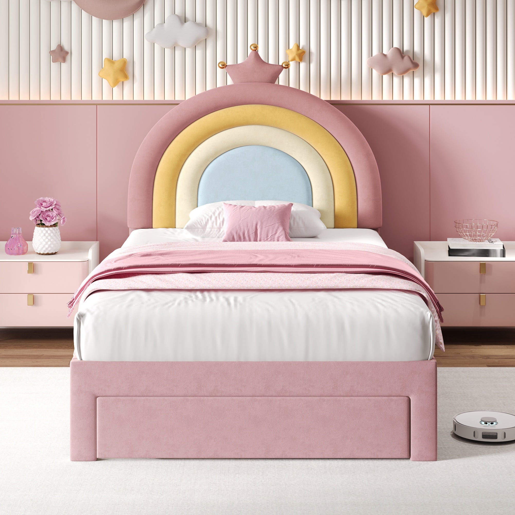 3ft Single Upholstered Bed with Adjustable Rainbow Headboard, Soft Velvet Bed Frame with Storage Drawer, Pink