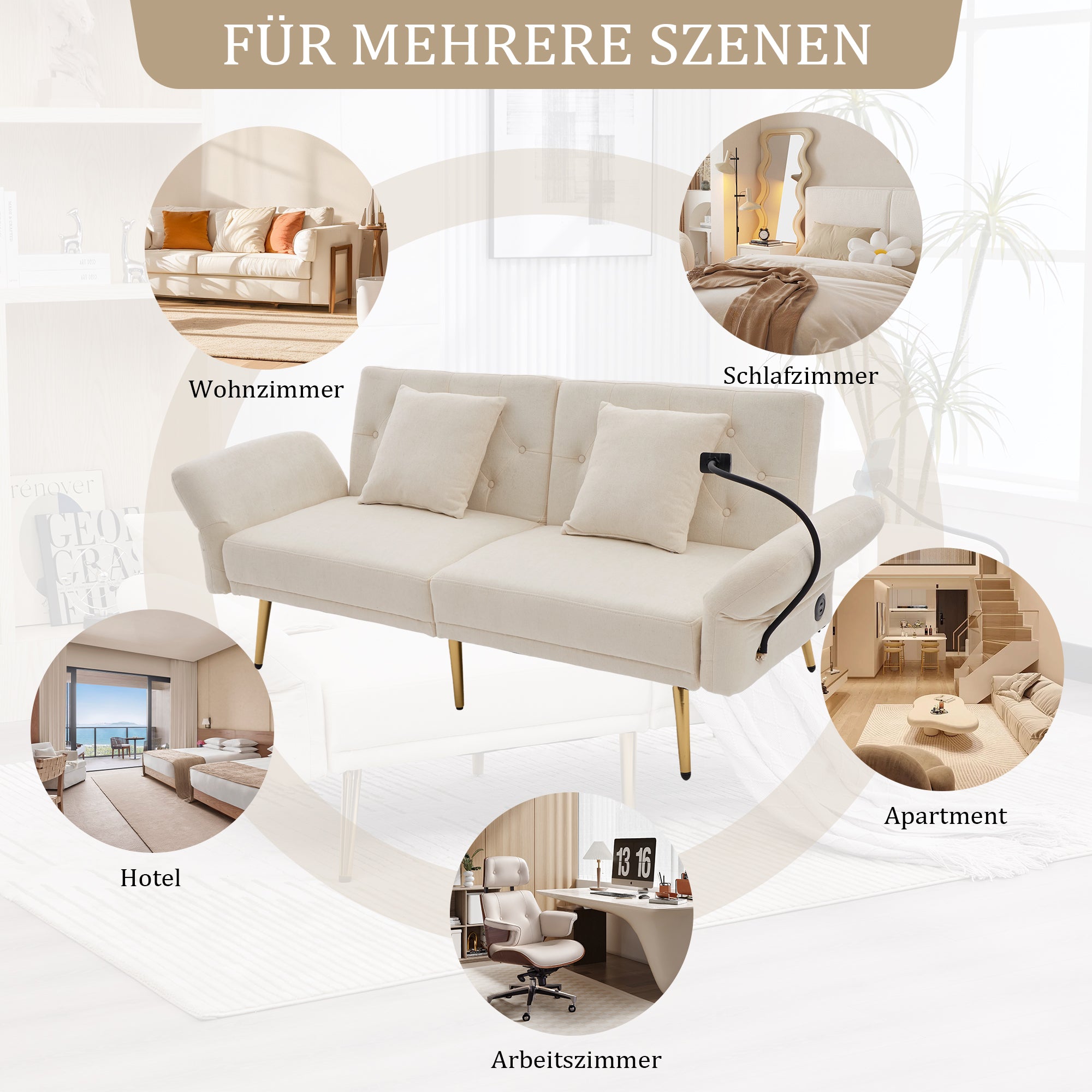 Sofa Bed, Multifunctional Adjustable Backrest USB Ports Phone Holder Metal Legs, Metal