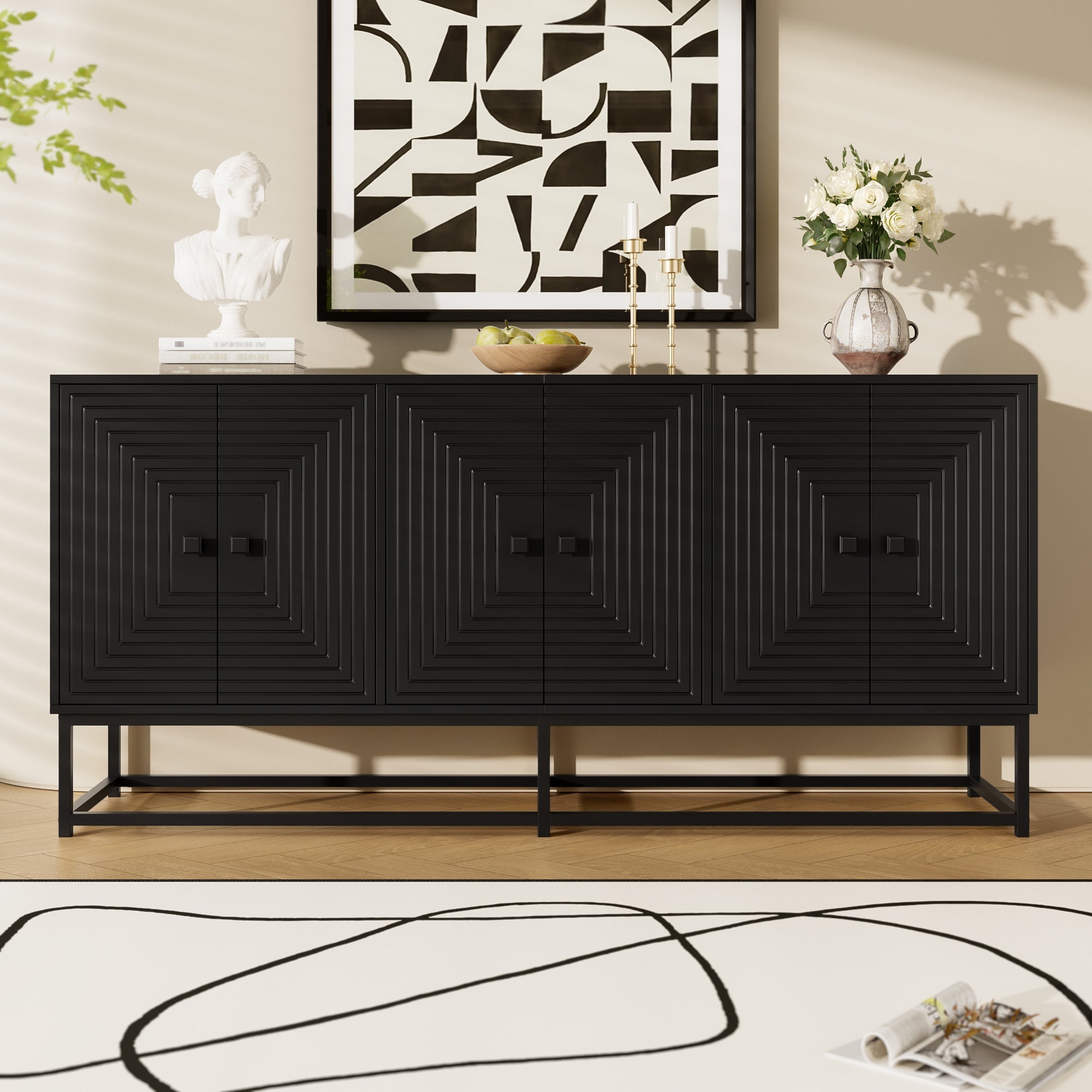 Sideboard Cabinet 3 Double Doors Large Storage Matte Finish - Black